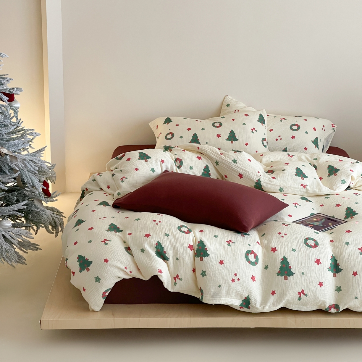 91家纺网 家纺一手货源 找家纺 （总）山舍家居 2025新款全棉双层皱皱纱圣诞特款四件套-圣诞系列