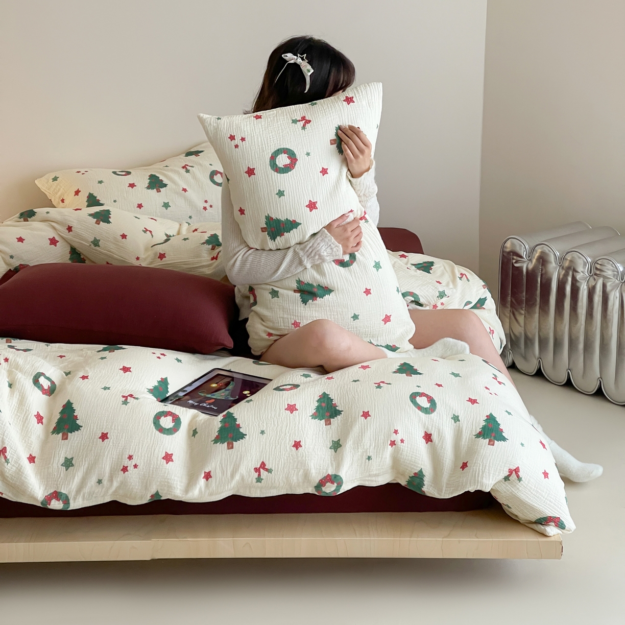 91家纺网 家纺一手货源 找家纺 （总）山舍家居 2025新款全棉双层皱皱纱圣诞特款四件套-圣诞系列