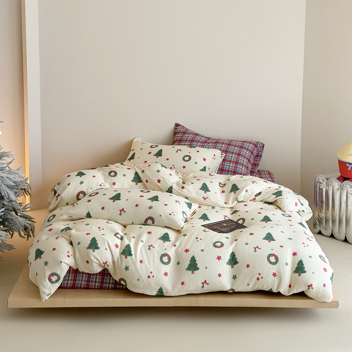 山舍家居 2025新款全棉双层皱皱纱圣诞特款四件套-圣诞系列 诞愿有你-格子床单