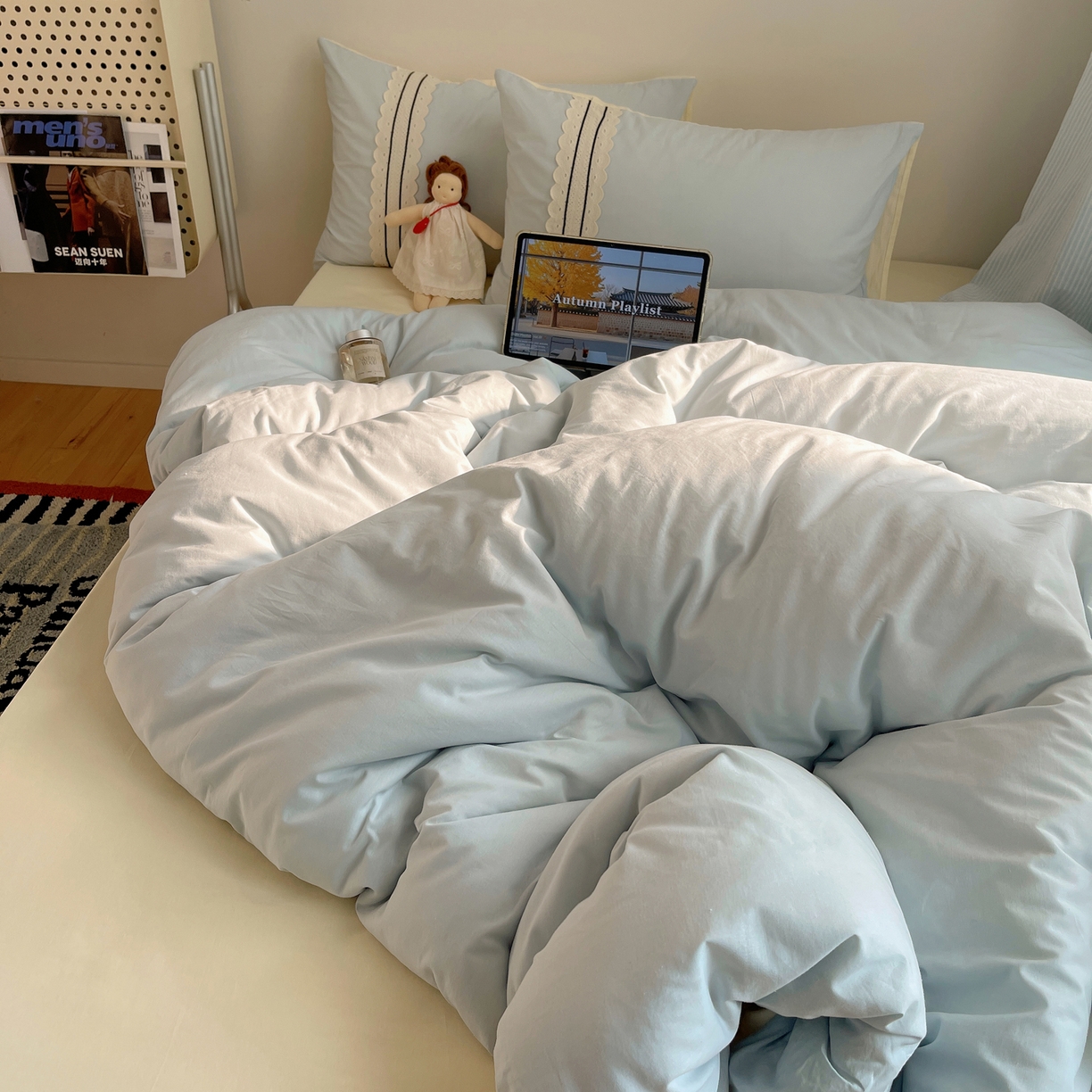 91家纺网 家纺一手货源 找家纺 三朵家纺 2026新款ins风全棉纯棉水洗棉少女系四件套-玛卡龙系列 马卡龙-米蓝