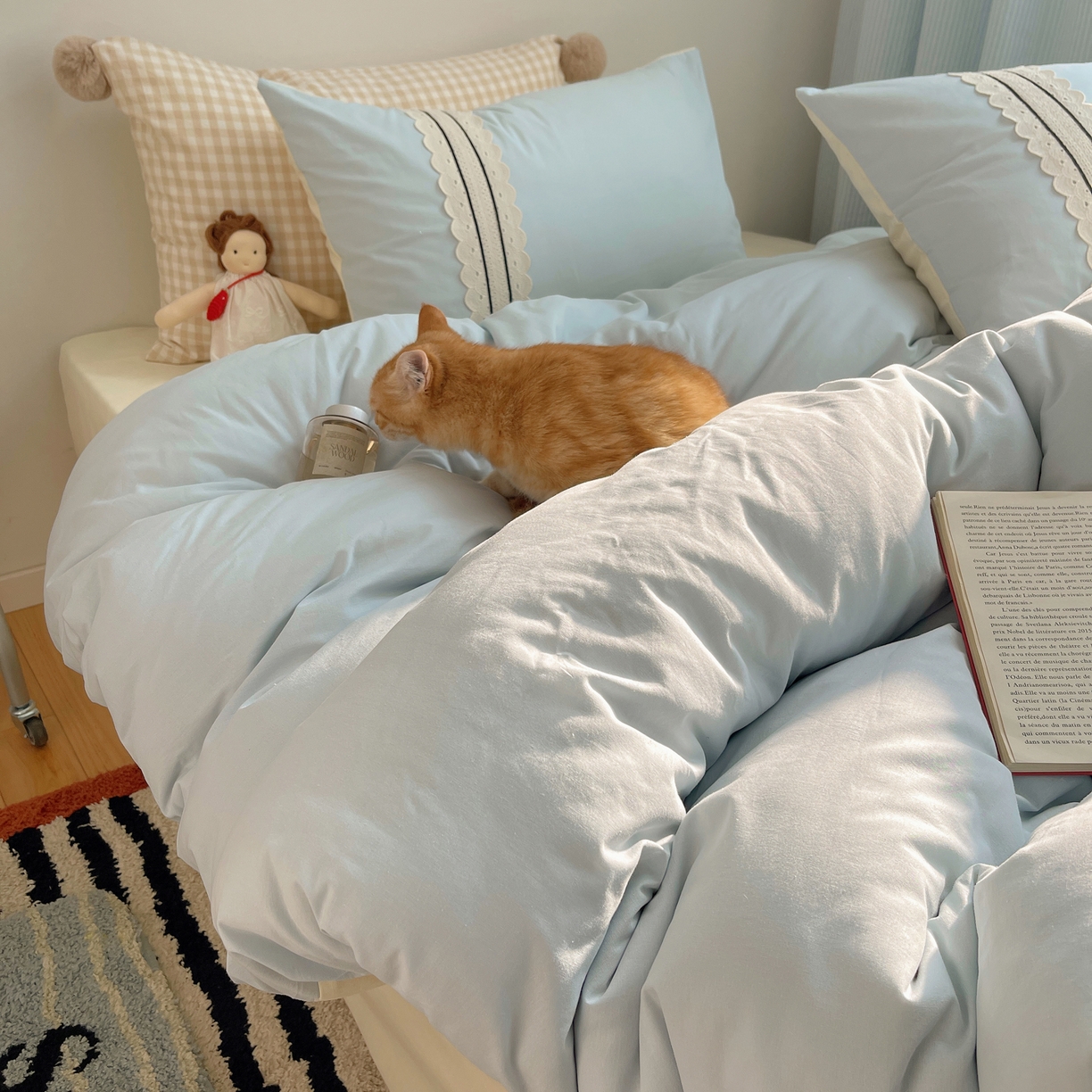 91家纺网 家纺一手货源 找家纺 三朵家纺 2026新款ins风全棉纯棉水洗棉少女系四件套-玛卡龙系列 马卡龙-米蓝