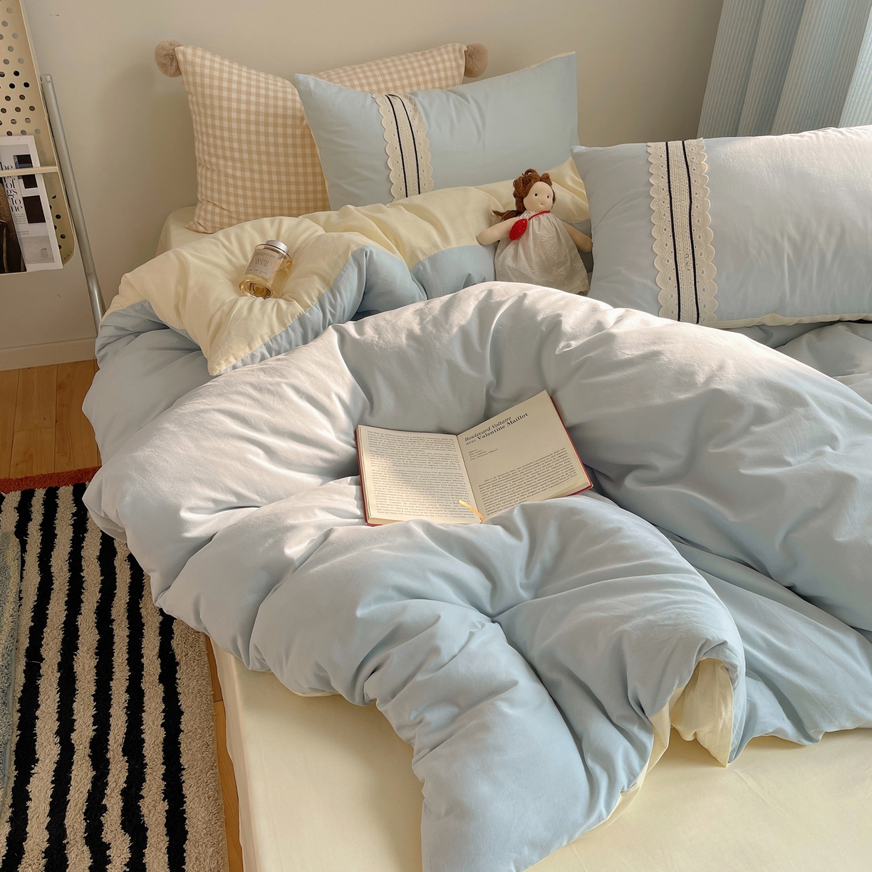 91家纺网 家纺一手货源 找家纺 三朵家纺 2026新款ins风全棉纯棉水洗棉少女系四件套-玛卡龙系列 马卡龙-米蓝