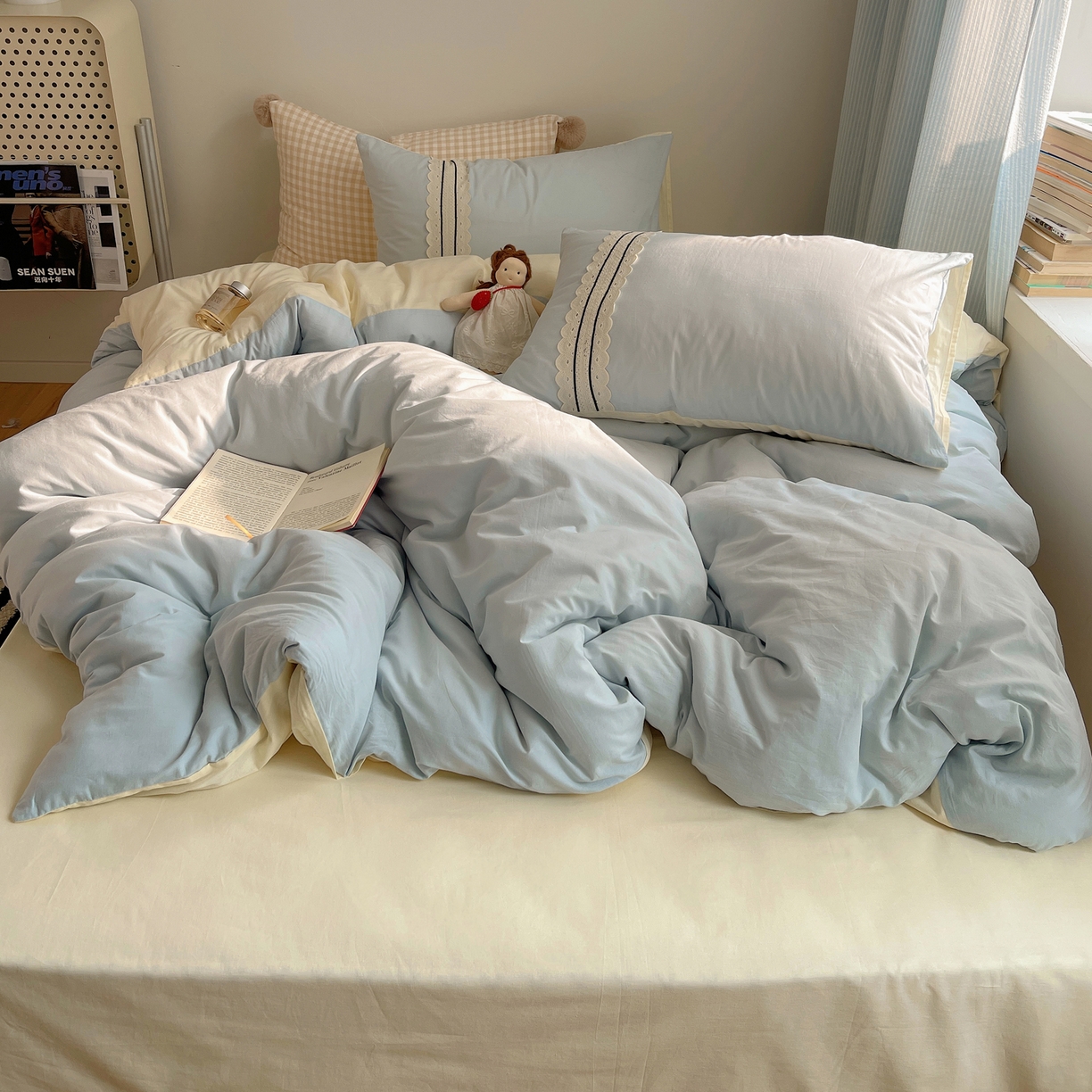 91家纺网 家纺一手货源 找家纺 三朵家纺 2026新款ins风全棉纯棉水洗棉少女系四件套-玛卡龙系列 马卡龙-米蓝