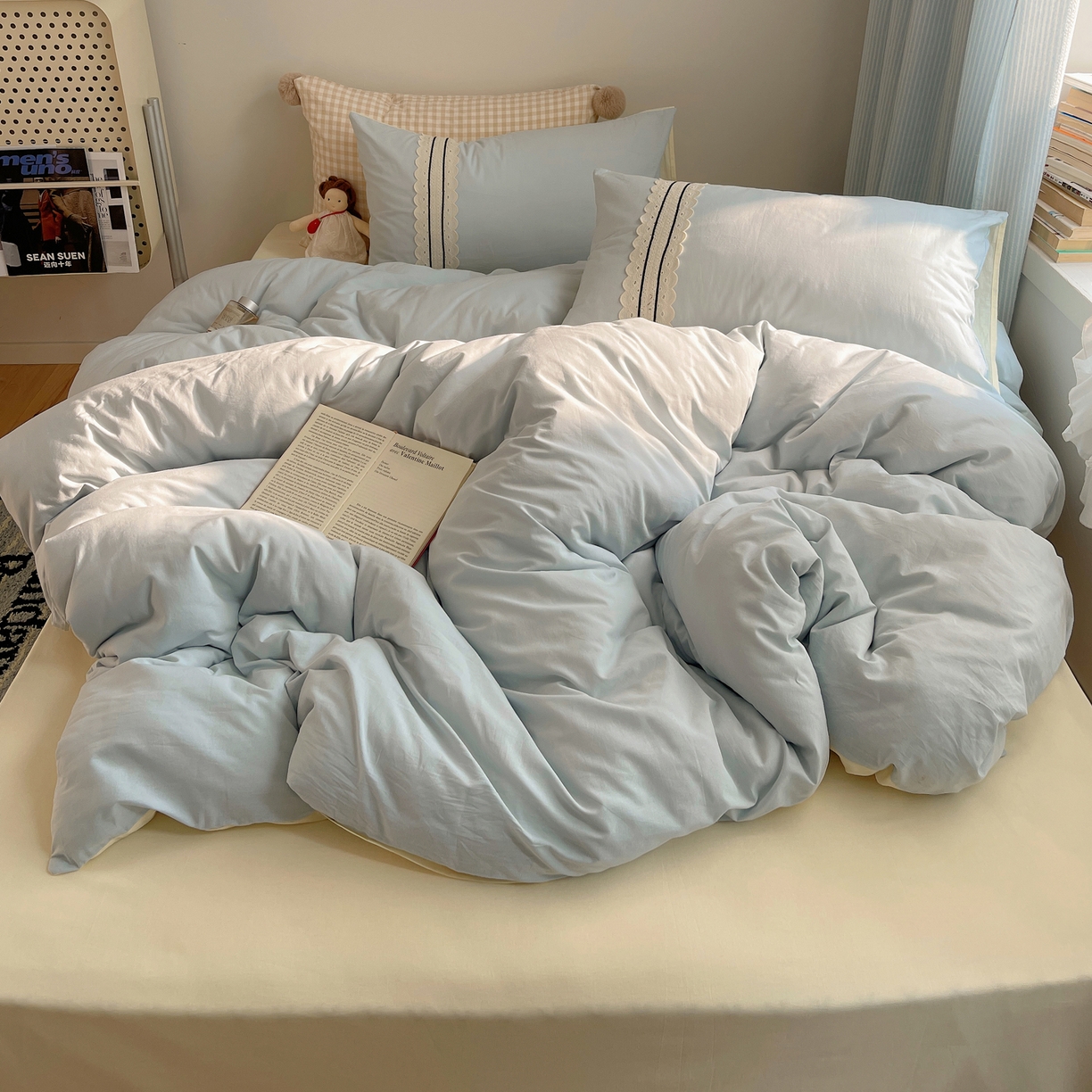 91家纺网 家纺一手货源 找家纺 三朵家纺 2026新款ins风全棉纯棉水洗棉少女系四件套-玛卡龙系列 马卡龙-米蓝