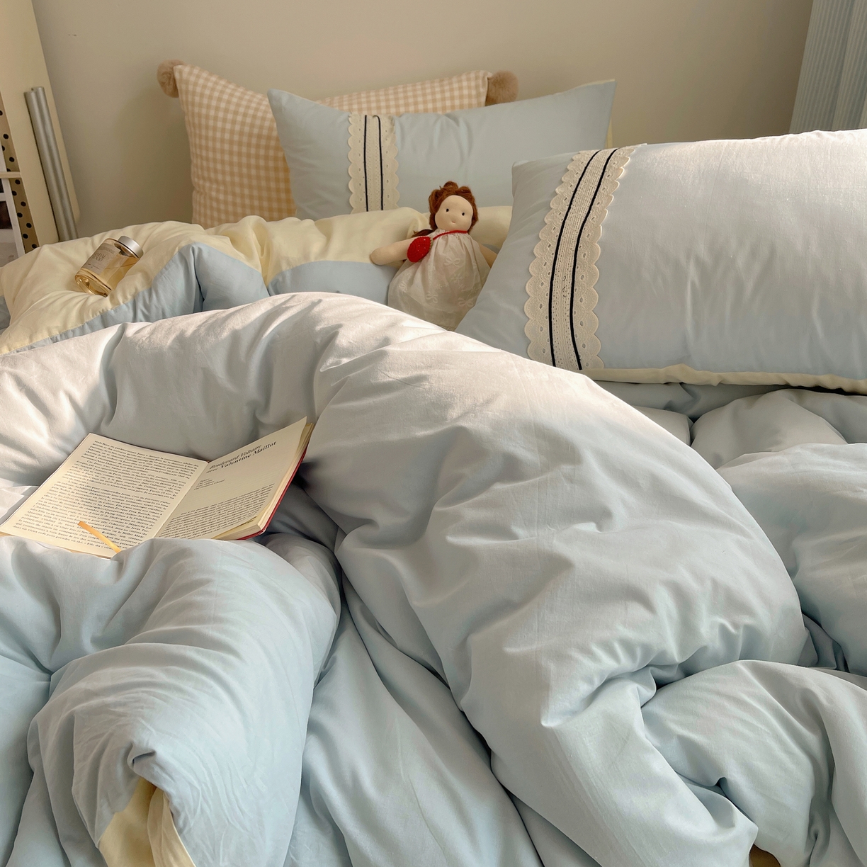 91家纺网 家纺一手货源 找家纺 三朵家纺 2026新款ins风全棉纯棉水洗棉少女系四件套-玛卡龙系列 马卡龙-米蓝