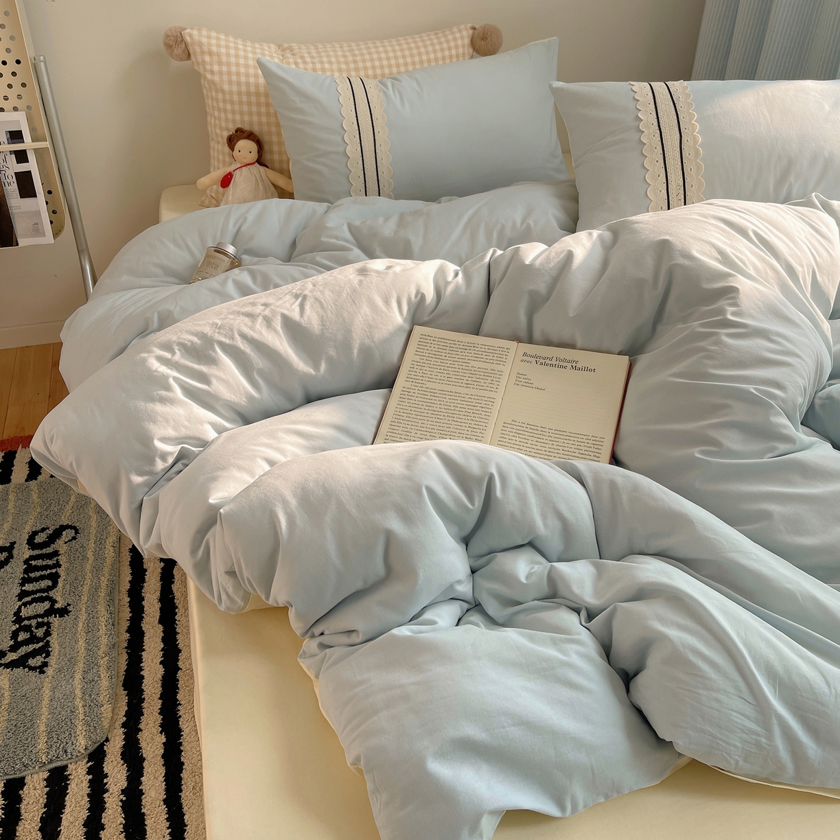 91家纺网 家纺一手货源 找家纺 三朵家纺 2026新款ins风全棉纯棉水洗棉少女系四件套-玛卡龙系列 马卡龙-米蓝