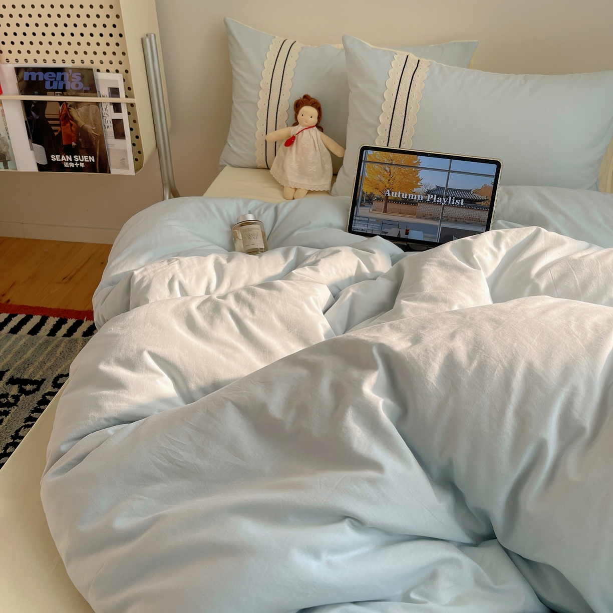 91家纺网 家纺一手货源 找家纺 三朵家纺 2026新款ins风全棉纯棉水洗棉少女系四件套-玛卡龙系列 马卡龙-米蓝