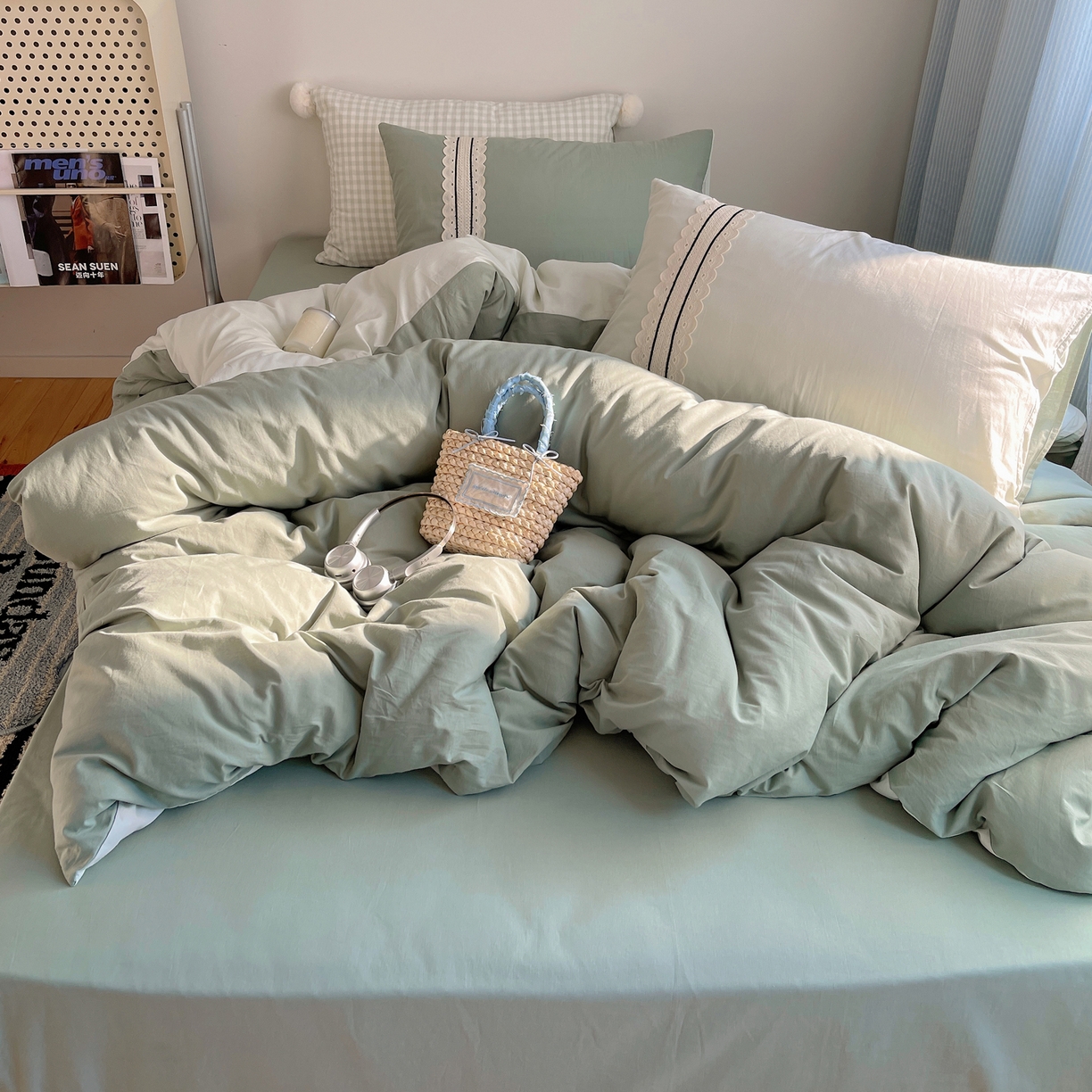 91家纺网 家纺一手货源 找家纺 三朵家纺 2026新款ins风全棉纯棉水洗棉少女系四件套-玛卡龙系列 马卡龙-葱绿