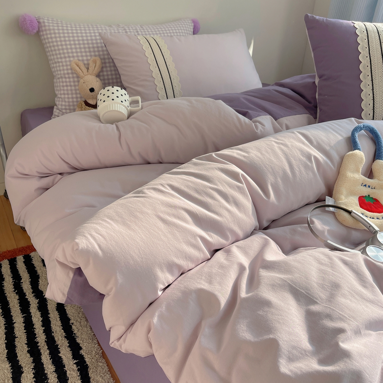 91家纺网 家纺一手货源 找家纺 三朵家纺 2026新款ins风全棉纯棉水洗棉少女系四件套-玛卡龙系列 马卡龙-薰衣草