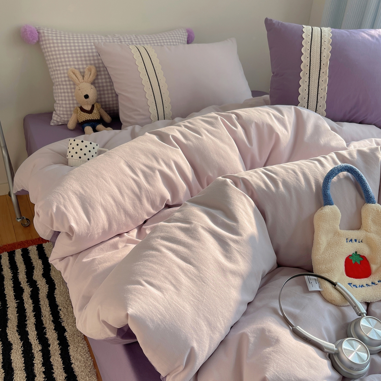 91家纺网 家纺一手货源 找家纺 三朵家纺 2026新款ins风全棉纯棉水洗棉少女系四件套-玛卡龙系列 马卡龙-薰衣草