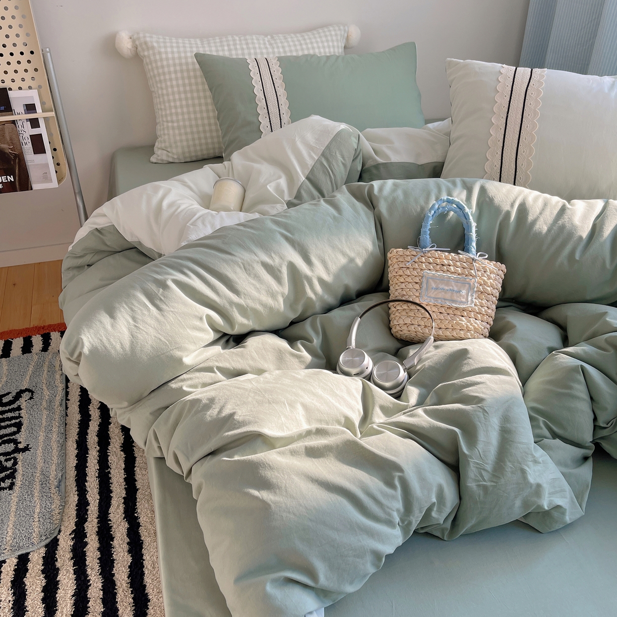 91家纺网 家纺一手货源 找家纺 三朵家纺 2026新款ins风全棉纯棉水洗棉少女系四件套-玛卡龙系列 马卡龙-葱绿