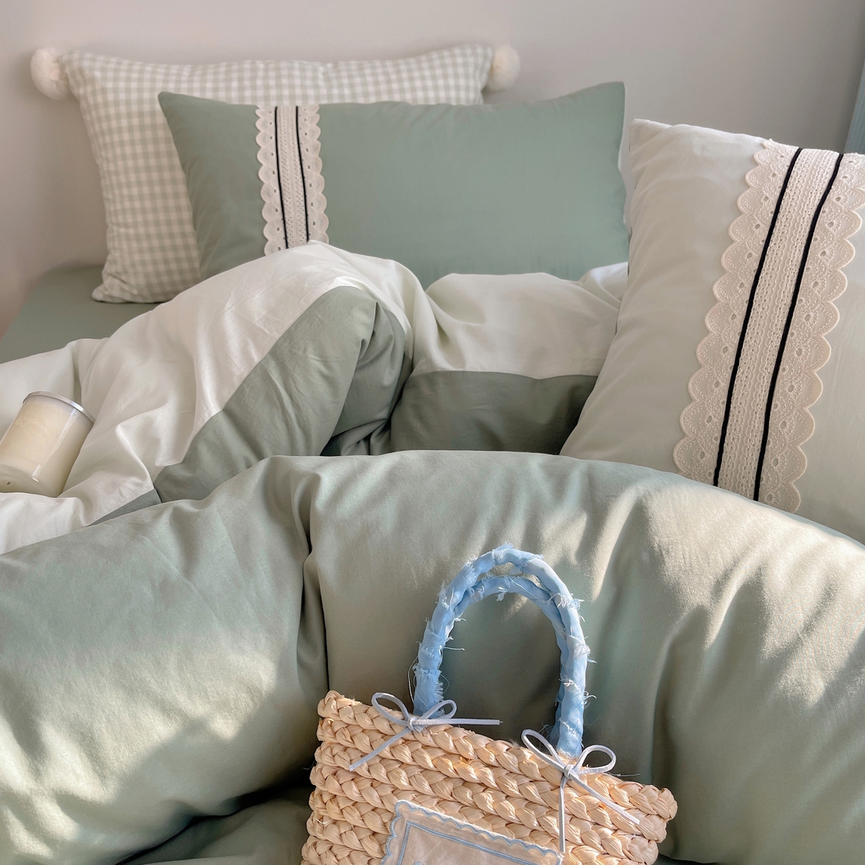 91家纺网 家纺一手货源 找家纺 三朵家纺 2026新款ins风全棉纯棉水洗棉少女系四件套-玛卡龙系列 马卡龙-葱绿