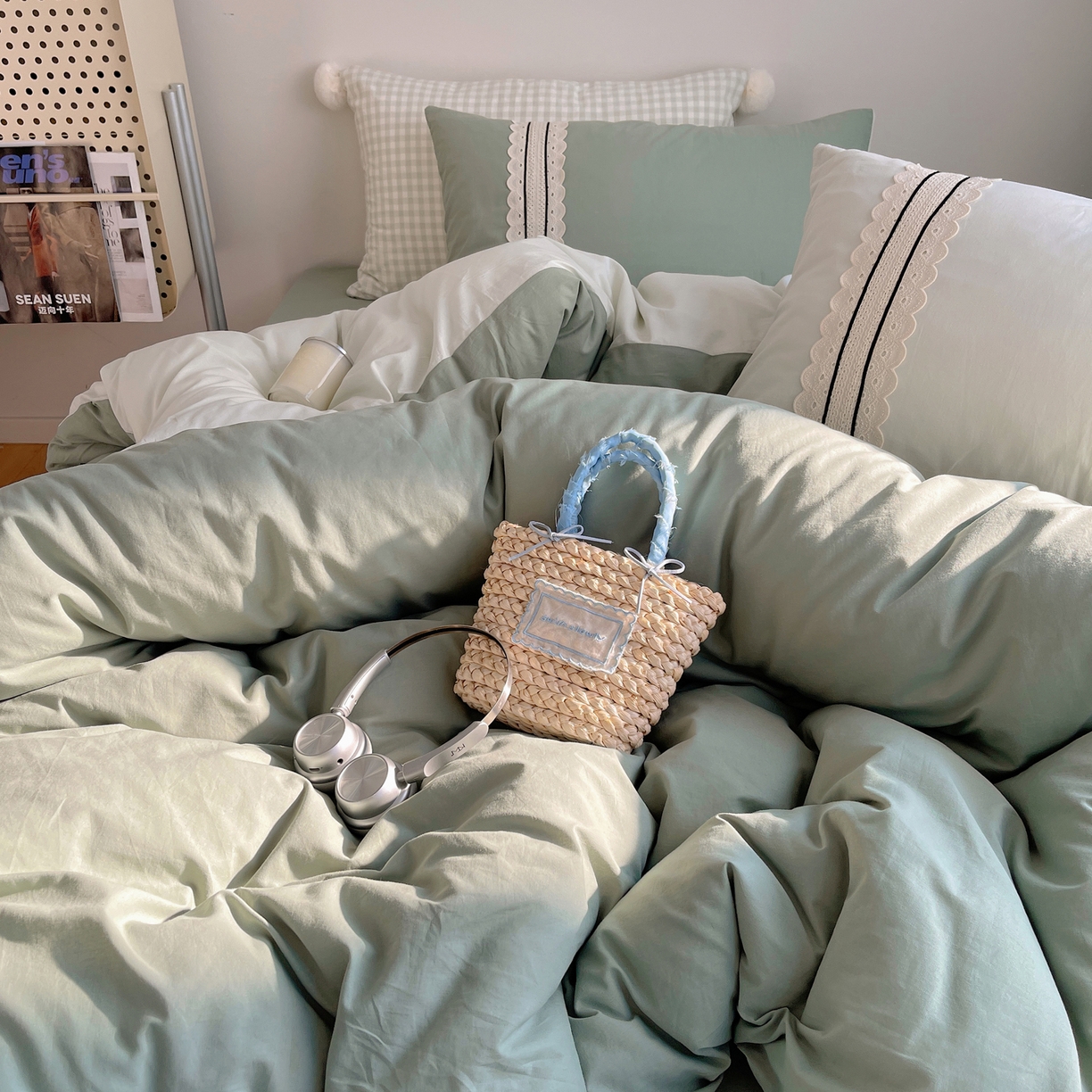 91家纺网 家纺一手货源 找家纺 三朵家纺 2026新款ins风全棉纯棉水洗棉少女系四件套-玛卡龙系列 马卡龙-葱绿