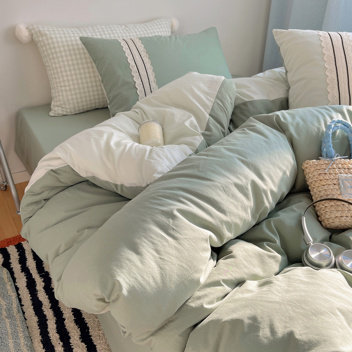 91家纺网 家纺一手货源 找家纺 三朵家纺 2026新款ins风全棉纯棉水洗棉少女系四件套-玛卡龙系列 马卡龙-葱绿