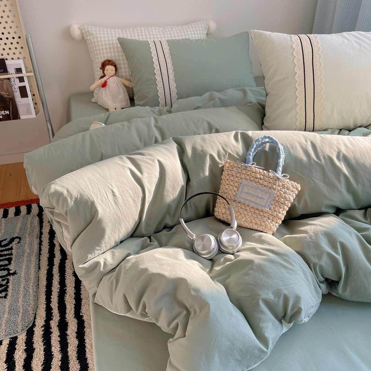 91家纺网 家纺一手货源 找家纺 三朵家纺 2026新款ins风全棉纯棉水洗棉少女系四件套-玛卡龙系列 马卡龙-葱绿