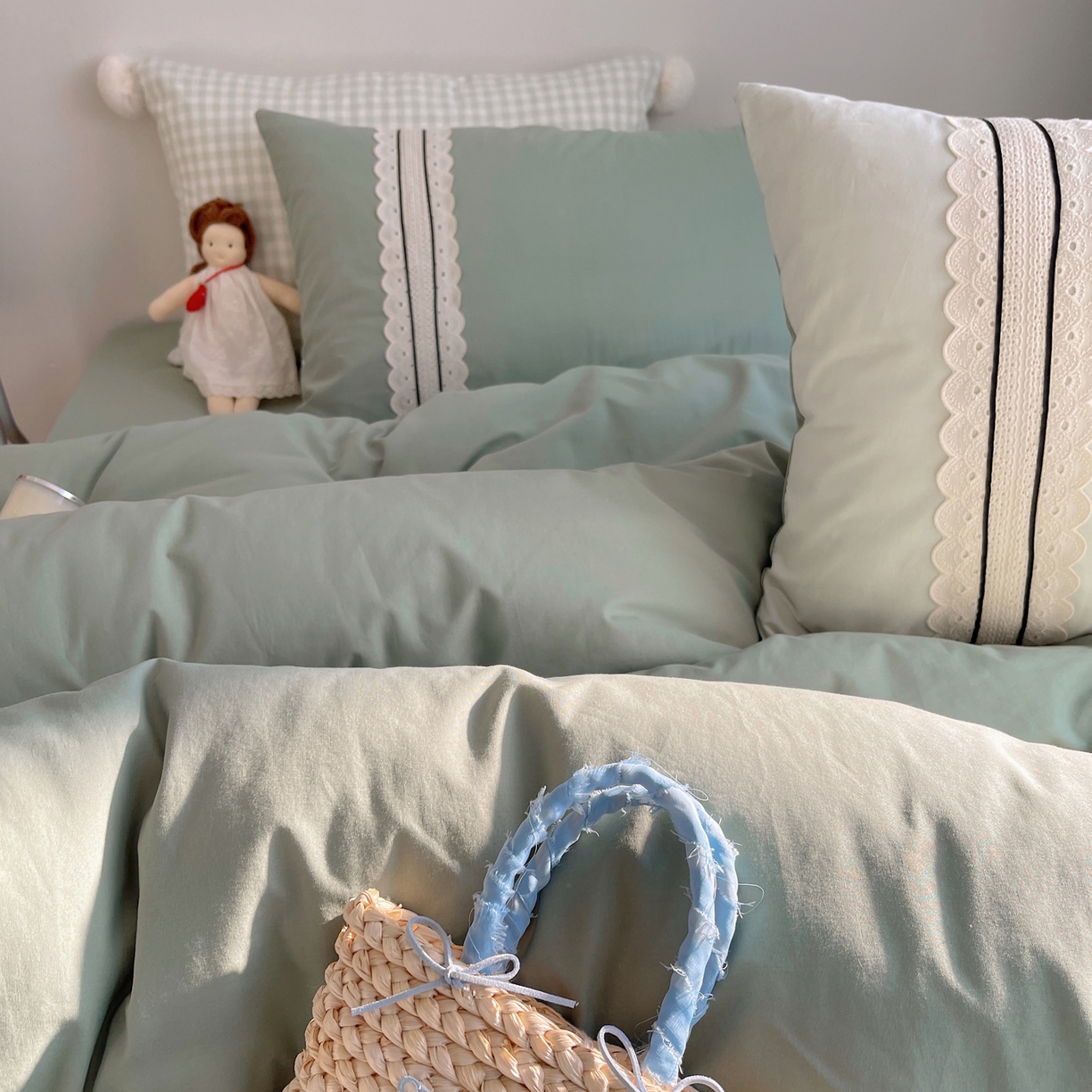 91家纺网 家纺一手货源 找家纺 三朵家纺 2026新款ins风全棉纯棉水洗棉少女系四件套-玛卡龙系列 马卡龙-葱绿