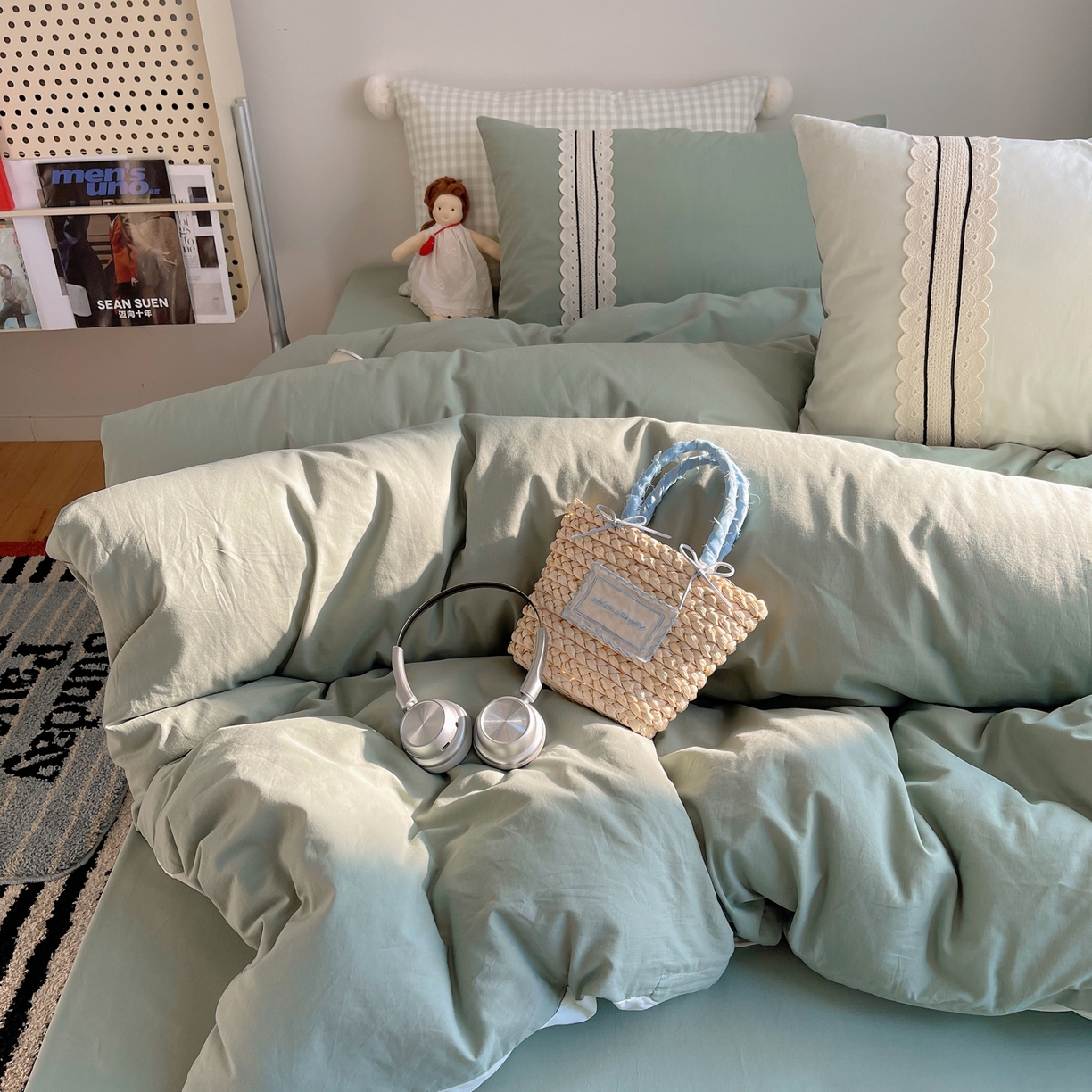 91家纺网 家纺一手货源 找家纺 三朵家纺 2026新款ins风全棉纯棉水洗棉少女系四件套-玛卡龙系列 马卡龙-葱绿