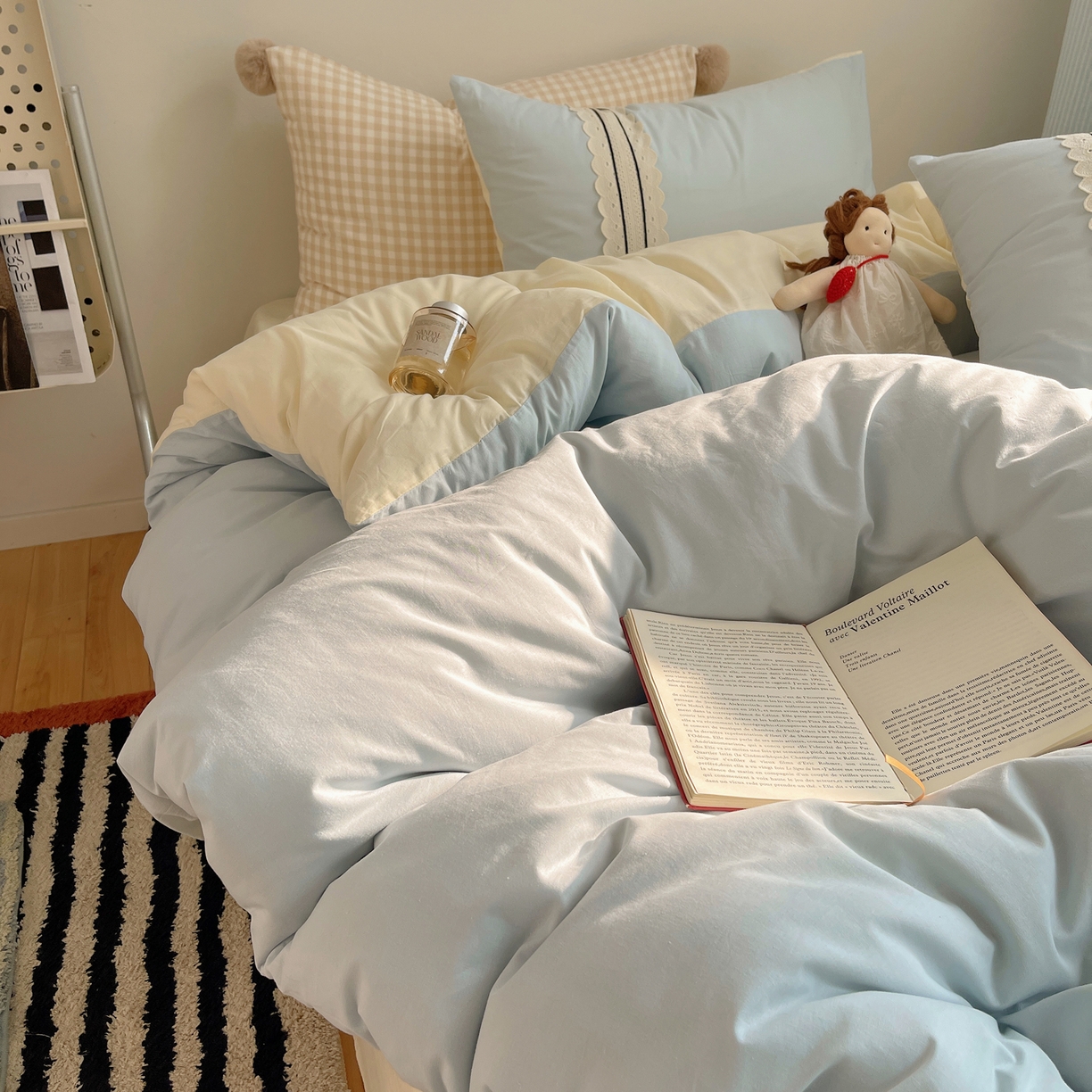 91家纺网 家纺一手货源 找家纺 三朵家纺 2026新款ins风全棉纯棉水洗棉少女系四件套-玛卡龙系列 马卡龙-米蓝