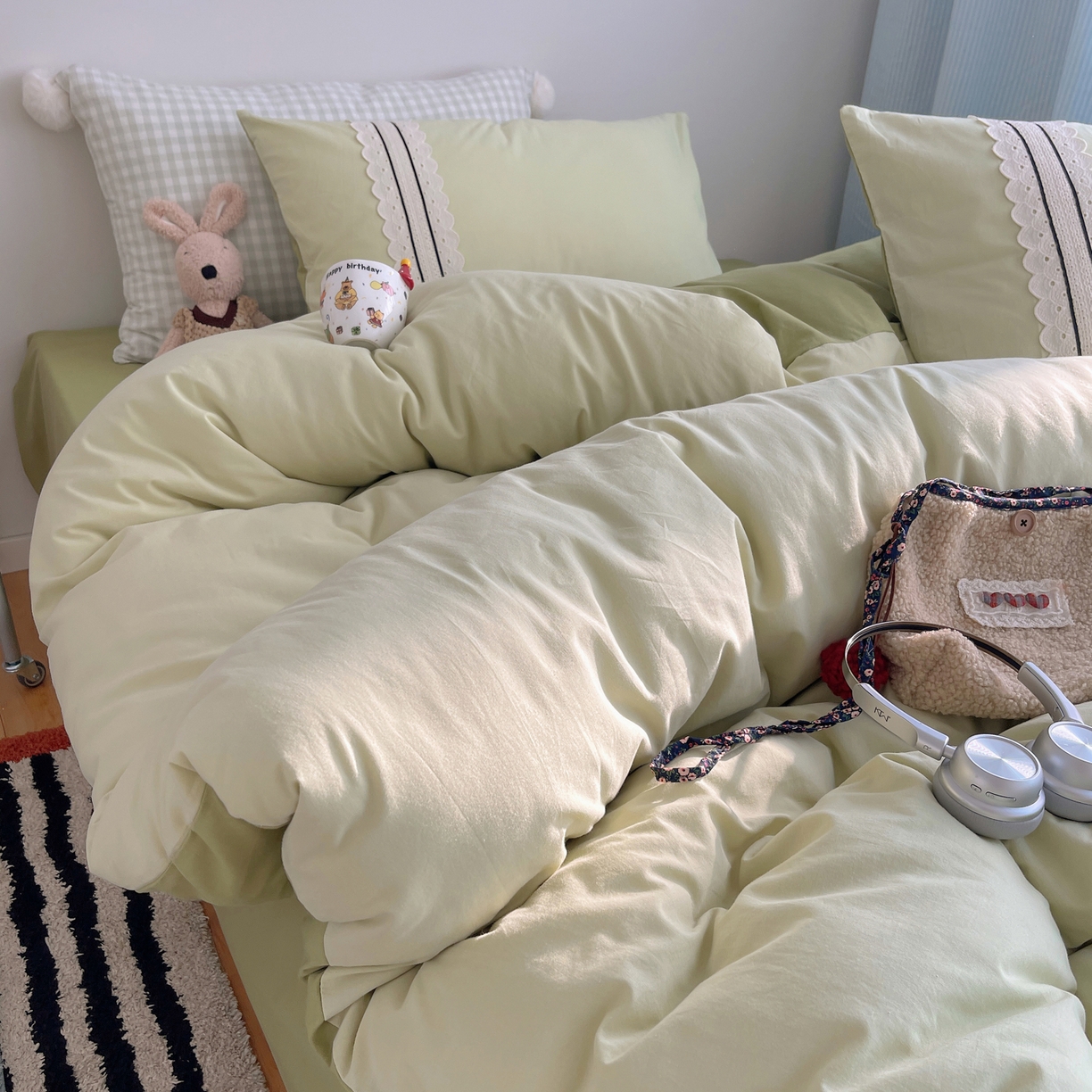 91家纺网 家纺一手货源 找家纺 三朵家纺 2026新款ins风全棉纯棉水洗棉少女系四件套-玛卡龙系列 马卡龙-粉绿