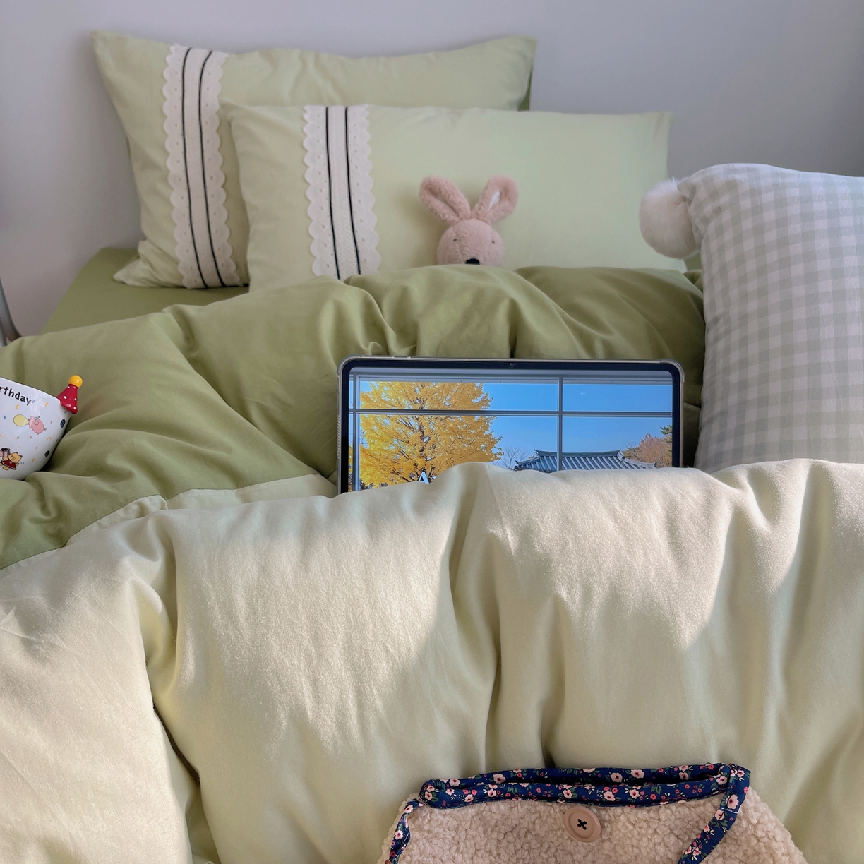 91家纺网 家纺一手货源 找家纺 三朵家纺 2026新款ins风全棉纯棉水洗棉少女系四件套-玛卡龙系列 马卡龙-粉绿