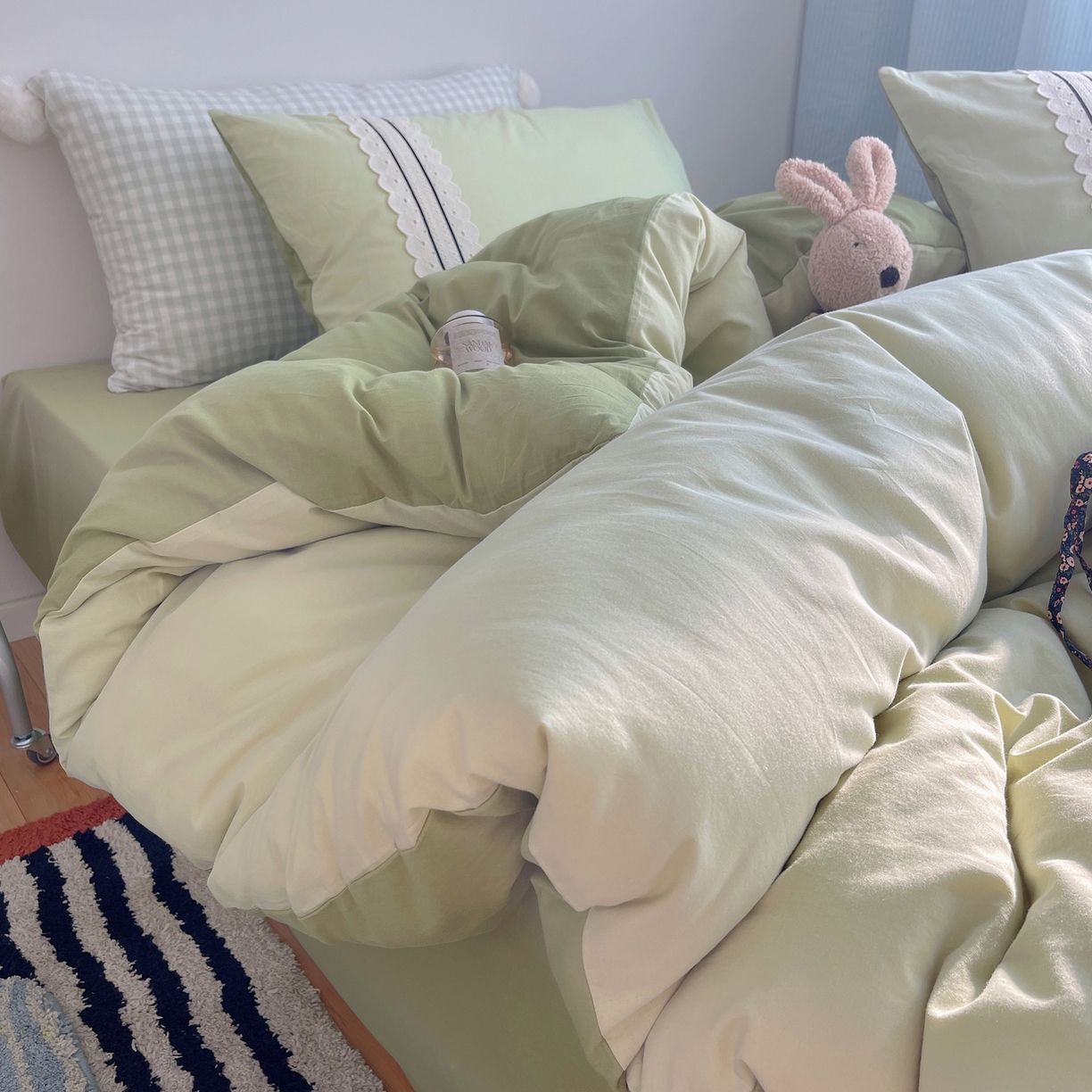 三朵家纺 2026新款ins风全棉纯棉水洗棉少女系四件套-玛卡龙系列 马卡龙-粉绿