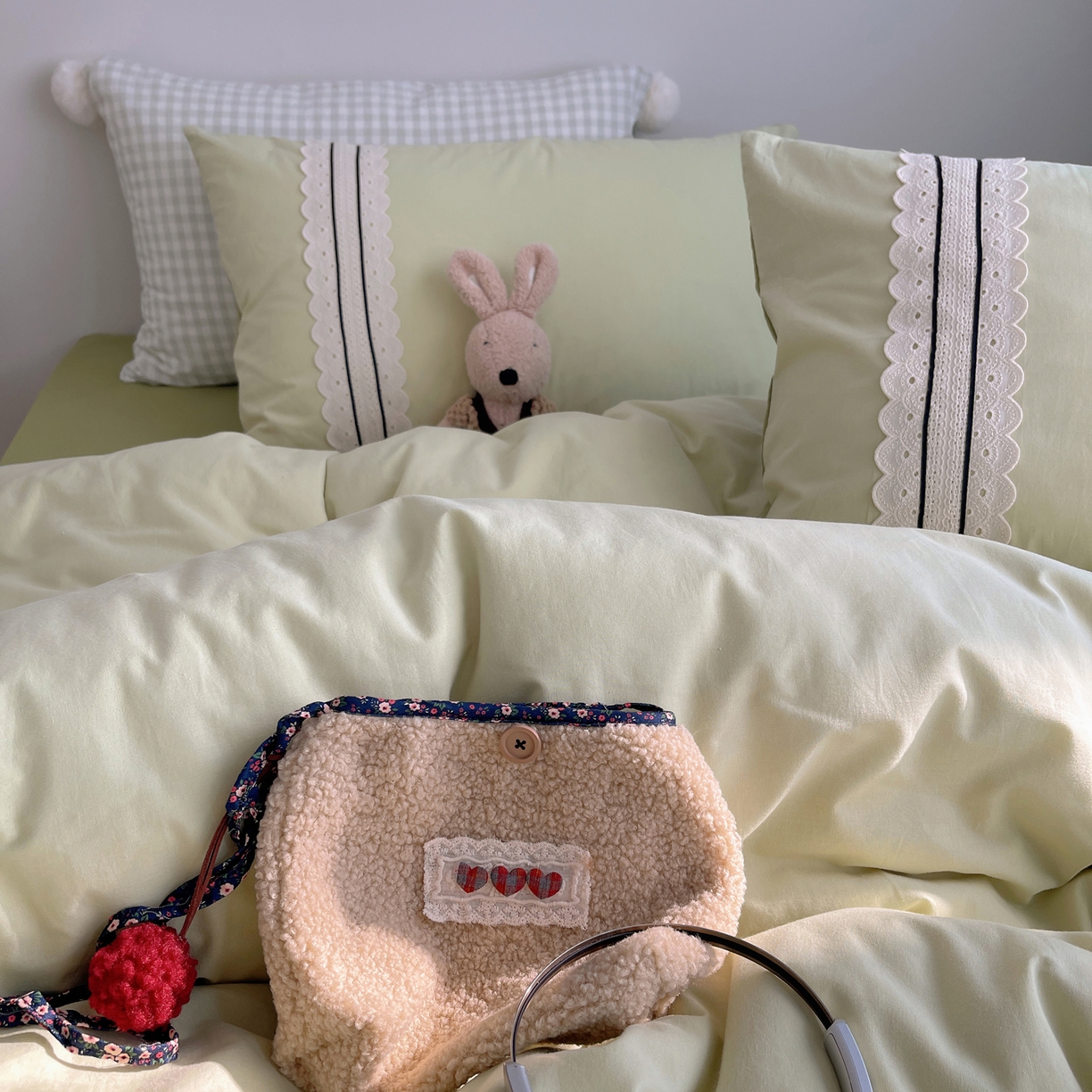 91家纺网 家纺一手货源 找家纺 三朵家纺 2026新款ins风全棉纯棉水洗棉少女系四件套-玛卡龙系列 马卡龙-粉绿