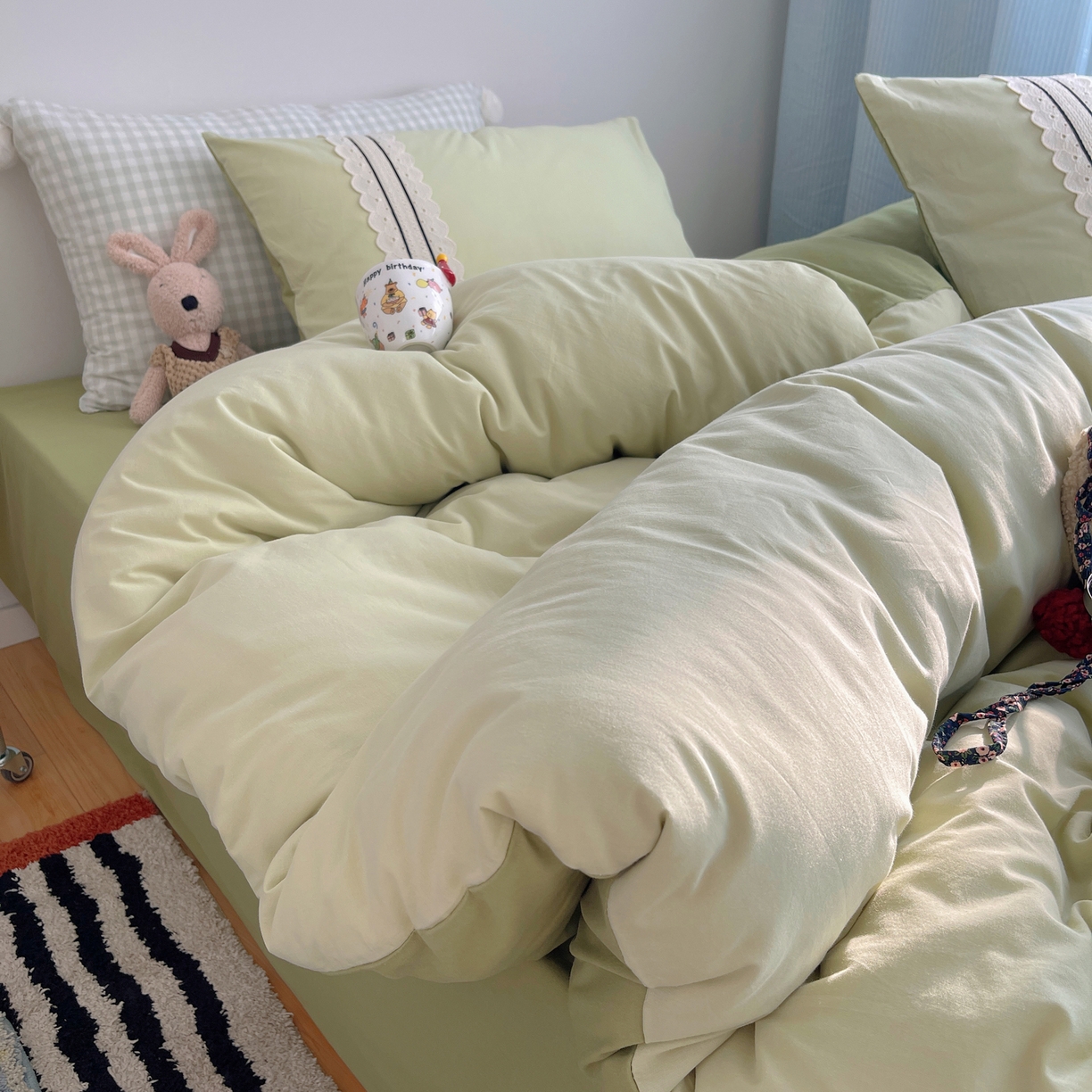 91家纺网 家纺一手货源 找家纺 三朵家纺 2026新款ins风全棉纯棉水洗棉少女系四件套-玛卡龙系列 马卡龙-粉绿