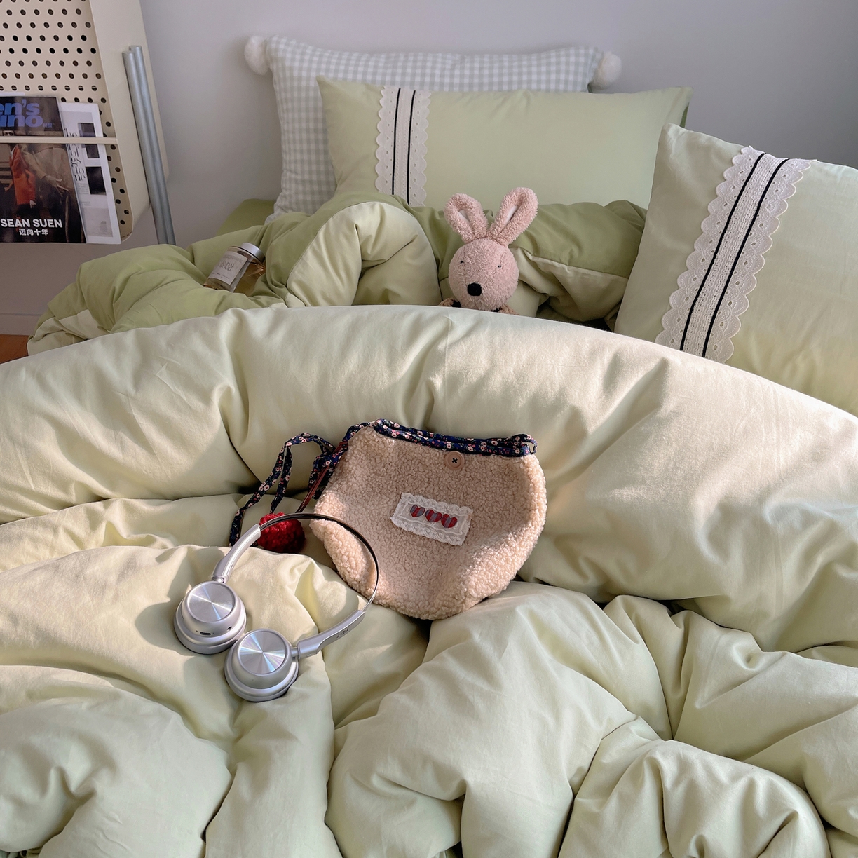 91家纺网 家纺一手货源 找家纺 三朵家纺 2026新款ins风全棉纯棉水洗棉少女系四件套-玛卡龙系列 马卡龙-粉绿