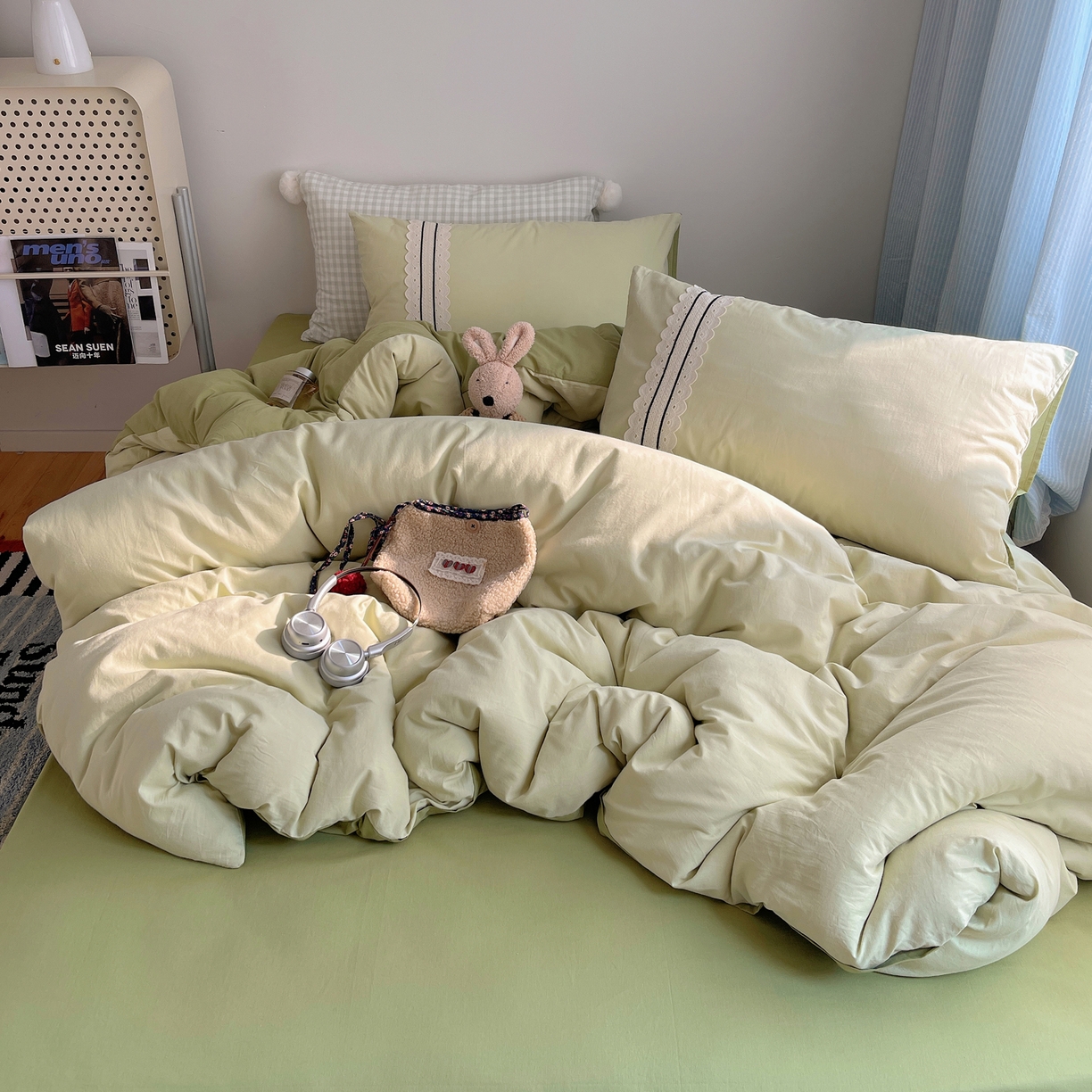 91家纺网 家纺一手货源 找家纺 三朵家纺 2026新款ins风全棉纯棉水洗棉少女系四件套-玛卡龙系列 马卡龙-粉绿