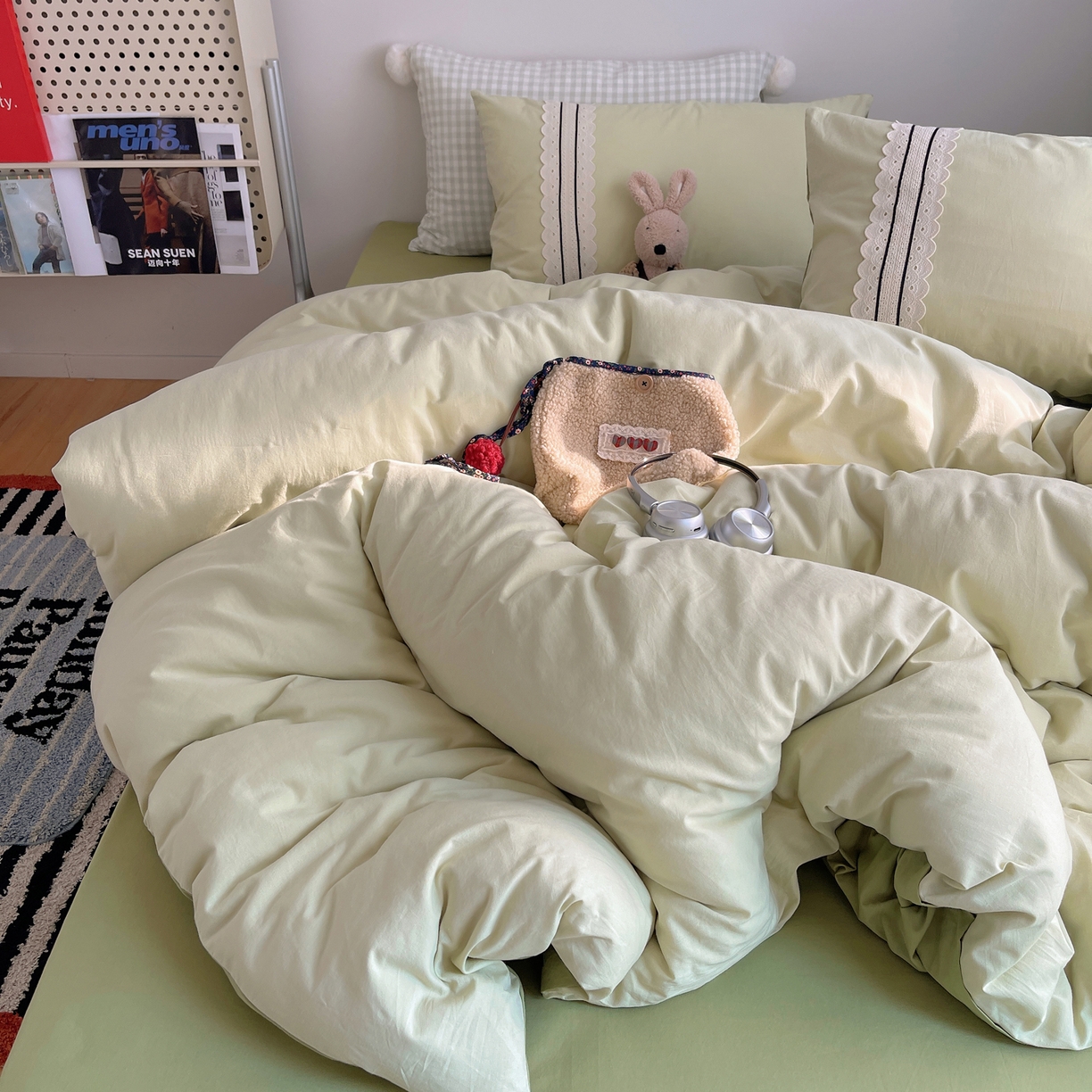 91家纺网 家纺一手货源 找家纺 三朵家纺 2026新款ins风全棉纯棉水洗棉少女系四件套-玛卡龙系列 马卡龙-粉绿