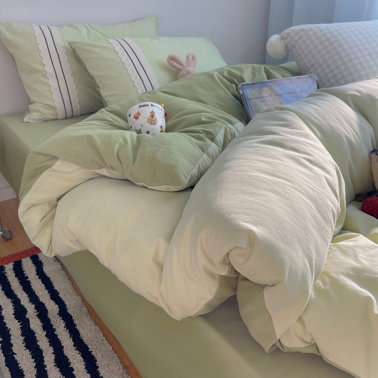 91家纺网 家纺一手货源 找家纺 三朵家纺 2026新款ins风全棉纯棉水洗棉少女系四件套-玛卡龙系列 马卡龙-粉绿