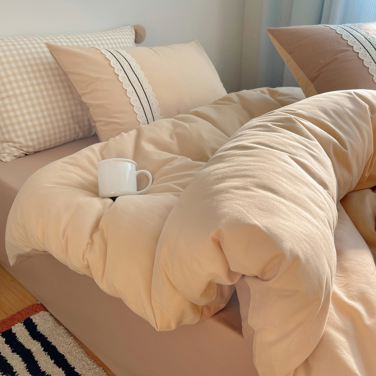 91家纺网 家纺一手货源 找家纺 三朵家纺 2026新款ins风全棉纯棉水洗棉少女系四件套-玛卡龙系列 马卡龙-米咖