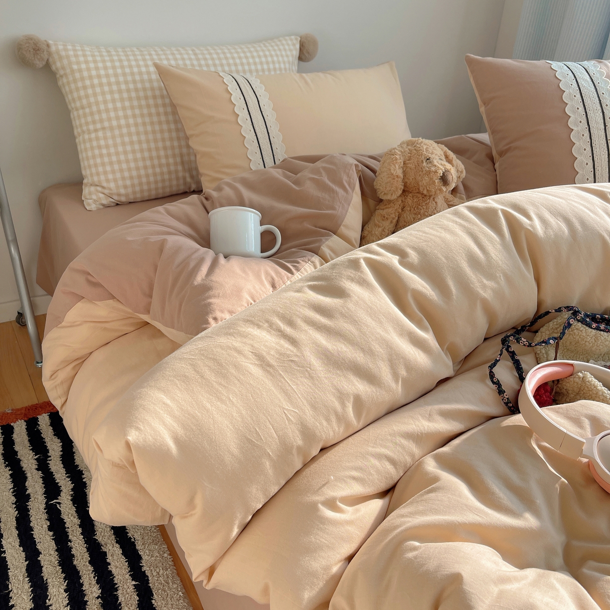 91家纺网 家纺一手货源 找家纺 三朵家纺 2026新款ins风全棉纯棉水洗棉少女系四件套-玛卡龙系列 马卡龙-米咖