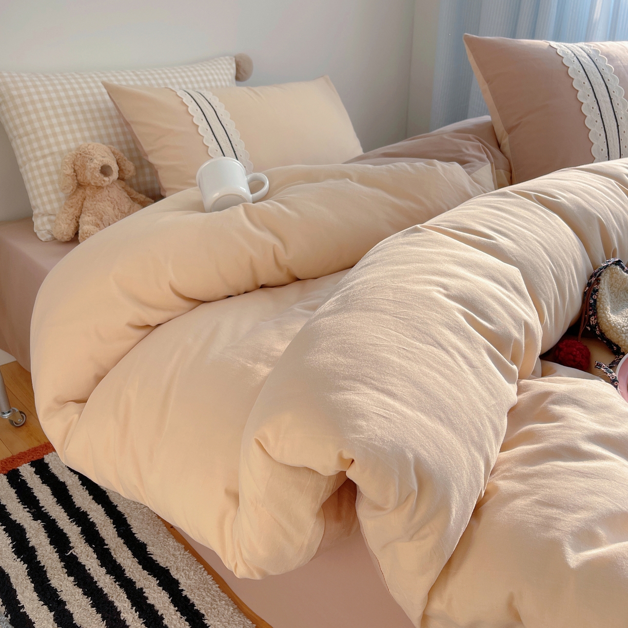 91家纺网 家纺一手货源 找家纺 三朵家纺 2026新款ins风全棉纯棉水洗棉少女系四件套-玛卡龙系列 马卡龙-米咖