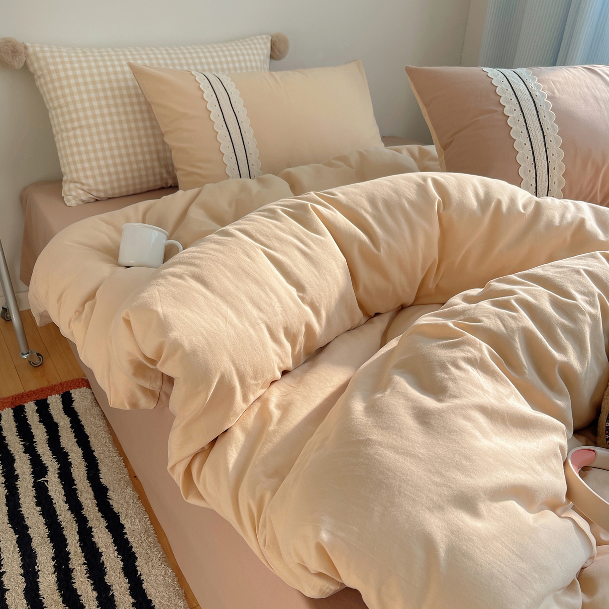 91家纺网 家纺一手货源 找家纺 三朵家纺 2026新款ins风全棉纯棉水洗棉少女系四件套-玛卡龙系列 马卡龙-米咖