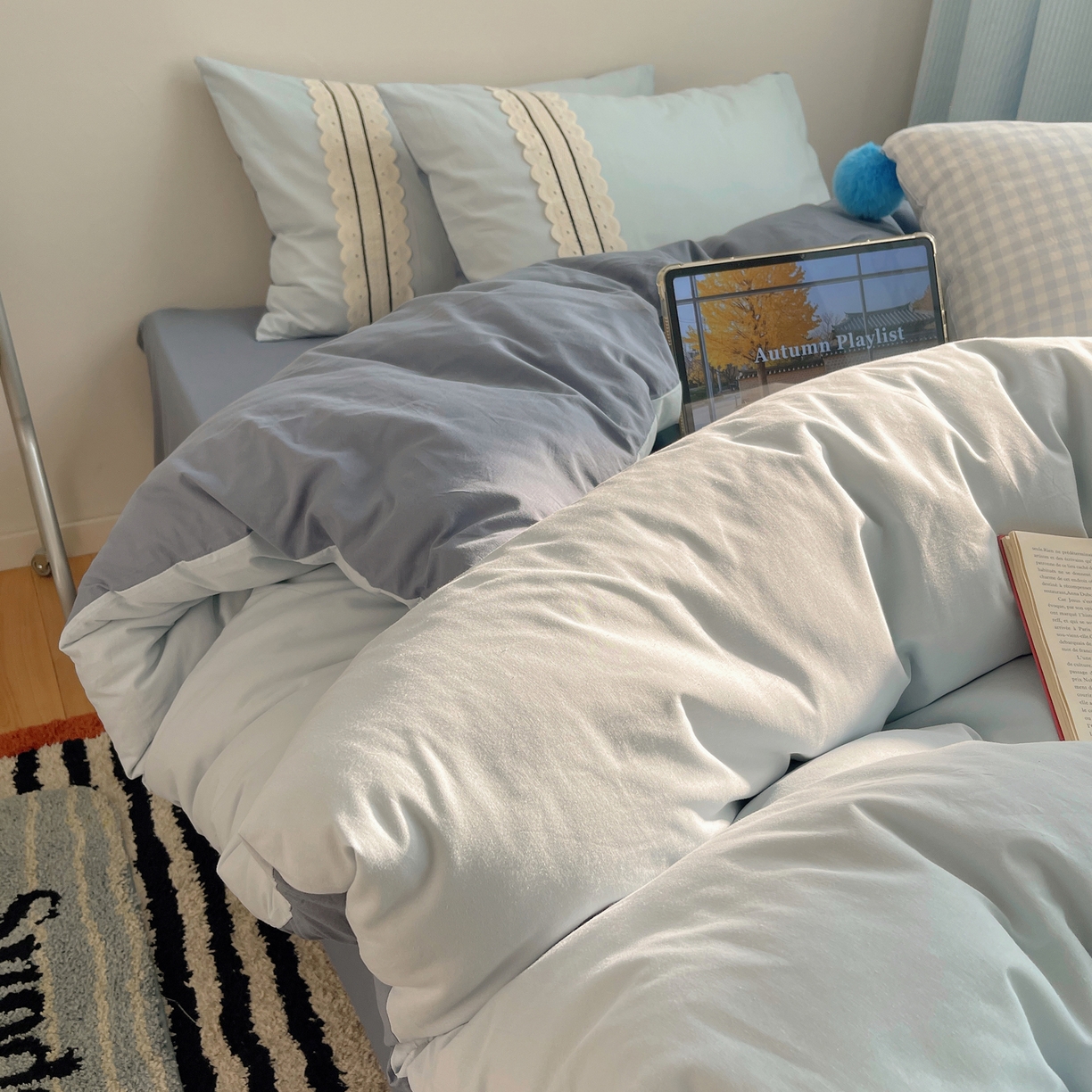 三朵家纺 2026新款ins风全棉纯棉水洗棉少女系四件套-玛卡龙系列 马卡龙-蔚蓝