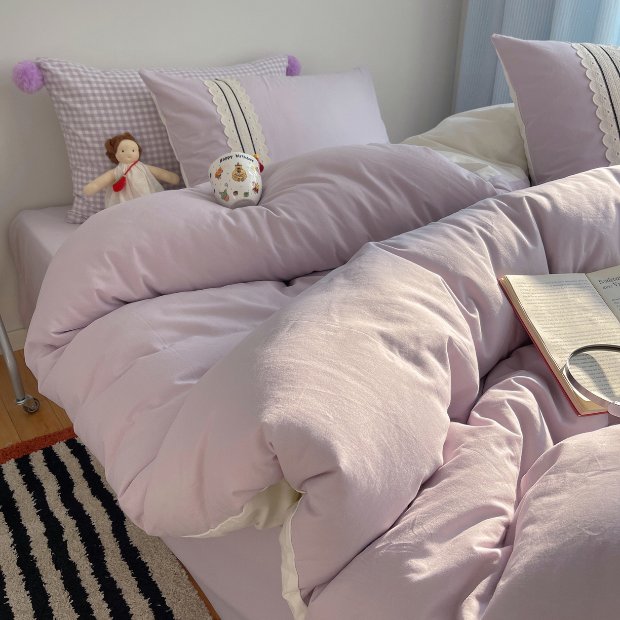 91家纺网 家纺一手货源 找家纺 三朵家纺 2026新款ins风全棉纯棉水洗棉少女系四件套-玛卡龙系列 马卡龙-浅紫