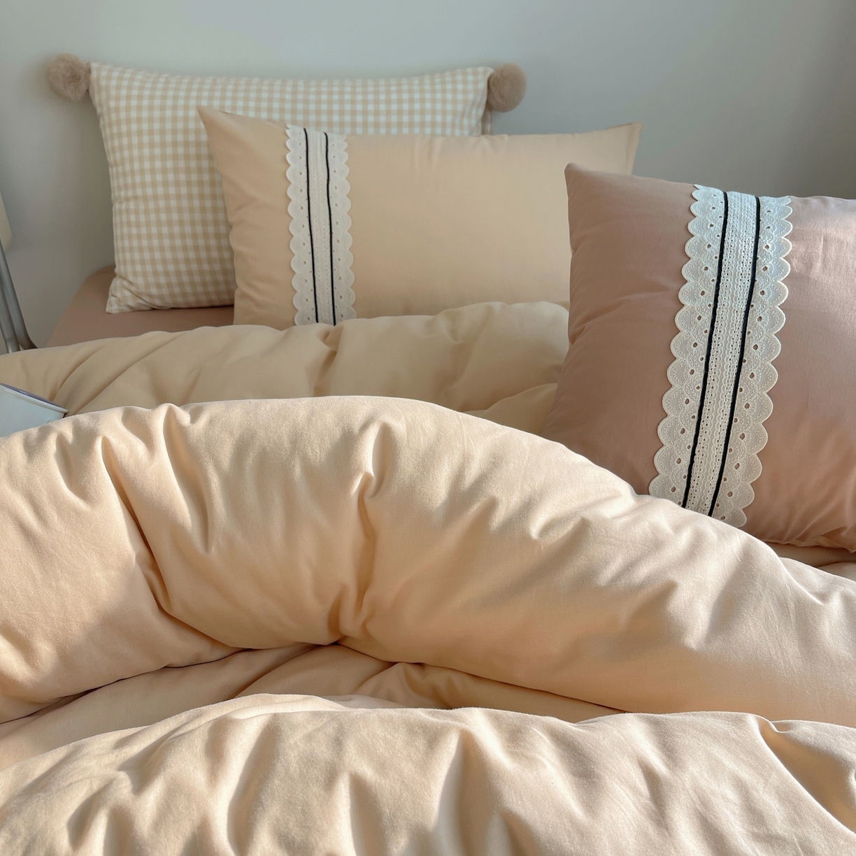 91家纺网 家纺一手货源 找家纺 三朵家纺 2026新款ins风全棉纯棉水洗棉少女系四件套-玛卡龙系列 马卡龙-米咖