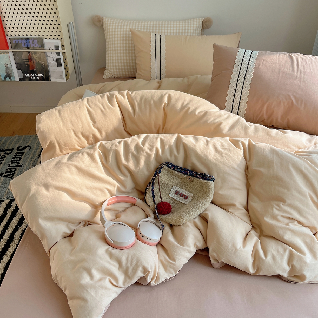 91家纺网 家纺一手货源 找家纺 三朵家纺 2026新款ins风全棉纯棉水洗棉少女系四件套-玛卡龙系列 马卡龙-米咖