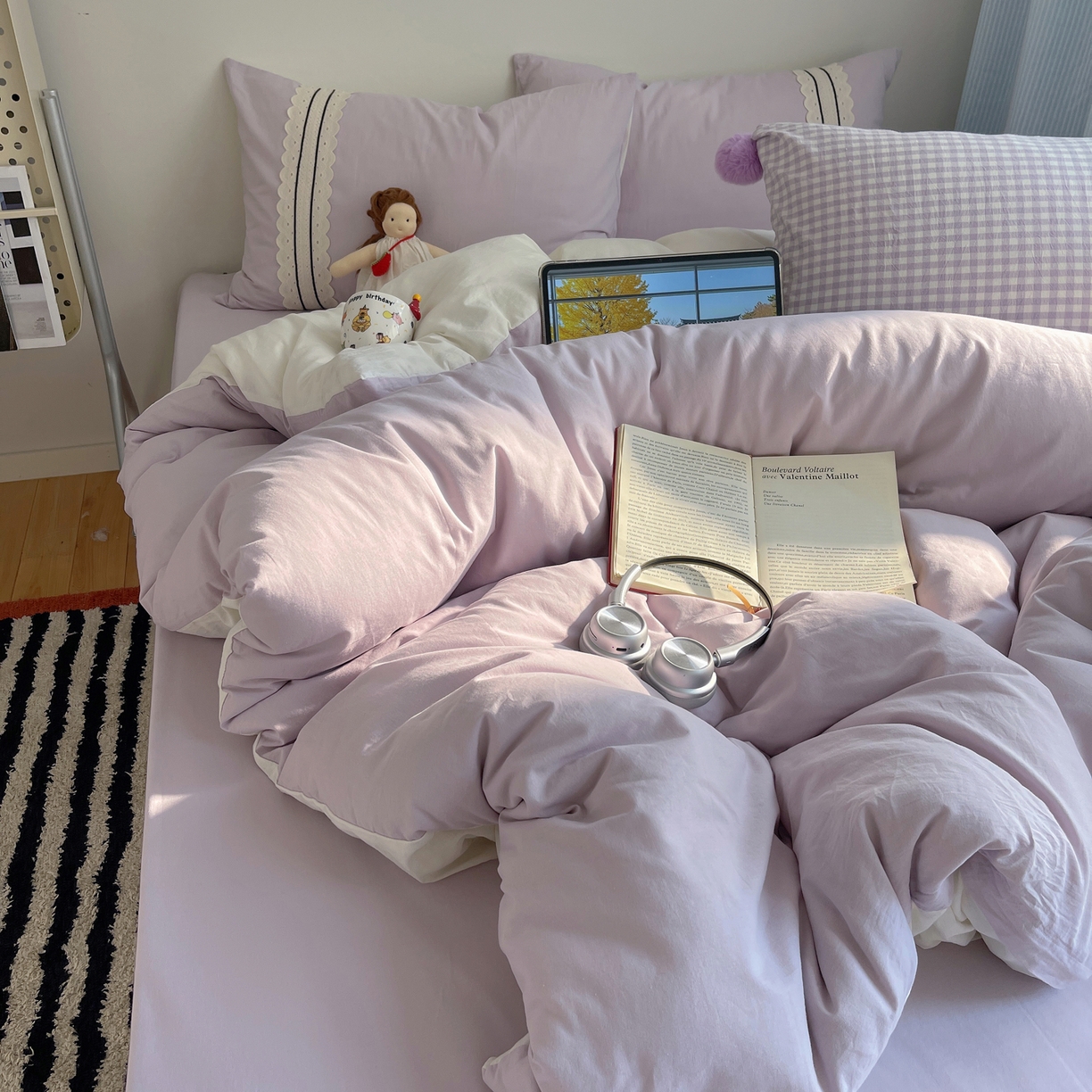 91家纺网 家纺一手货源 找家纺 三朵家纺 2026新款ins风全棉纯棉水洗棉少女系四件套-玛卡龙系列 马卡龙-浅紫