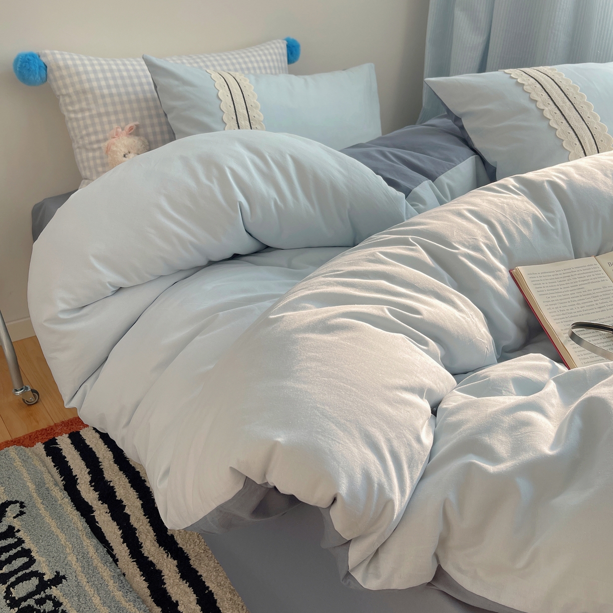 91家纺网 家纺一手货源 找家纺 三朵家纺 2026新款ins风全棉纯棉水洗棉少女系四件套-玛卡龙系列 马卡龙-蔚蓝