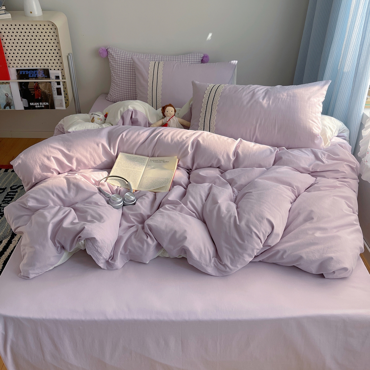 91家纺网 家纺一手货源 找家纺 三朵家纺 2026新款ins风全棉纯棉水洗棉少女系四件套-玛卡龙系列 马卡龙-浅紫