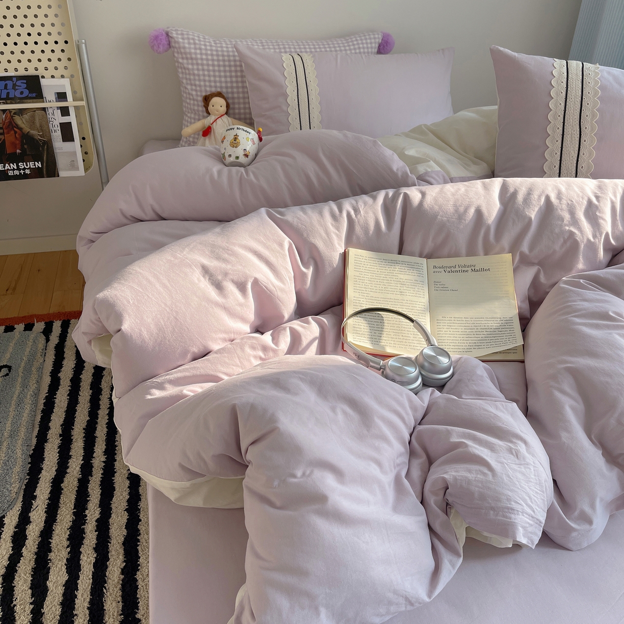 91家纺网 家纺一手货源 找家纺 三朵家纺 2026新款ins风全棉纯棉水洗棉少女系四件套-玛卡龙系列 马卡龙-浅紫