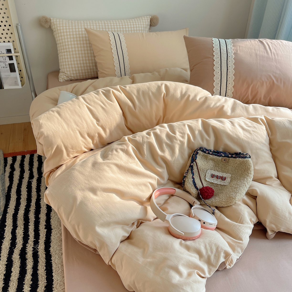 91家纺网 家纺一手货源 找家纺 三朵家纺 2026新款ins风全棉纯棉水洗棉少女系四件套-玛卡龙系列 马卡龙-米咖