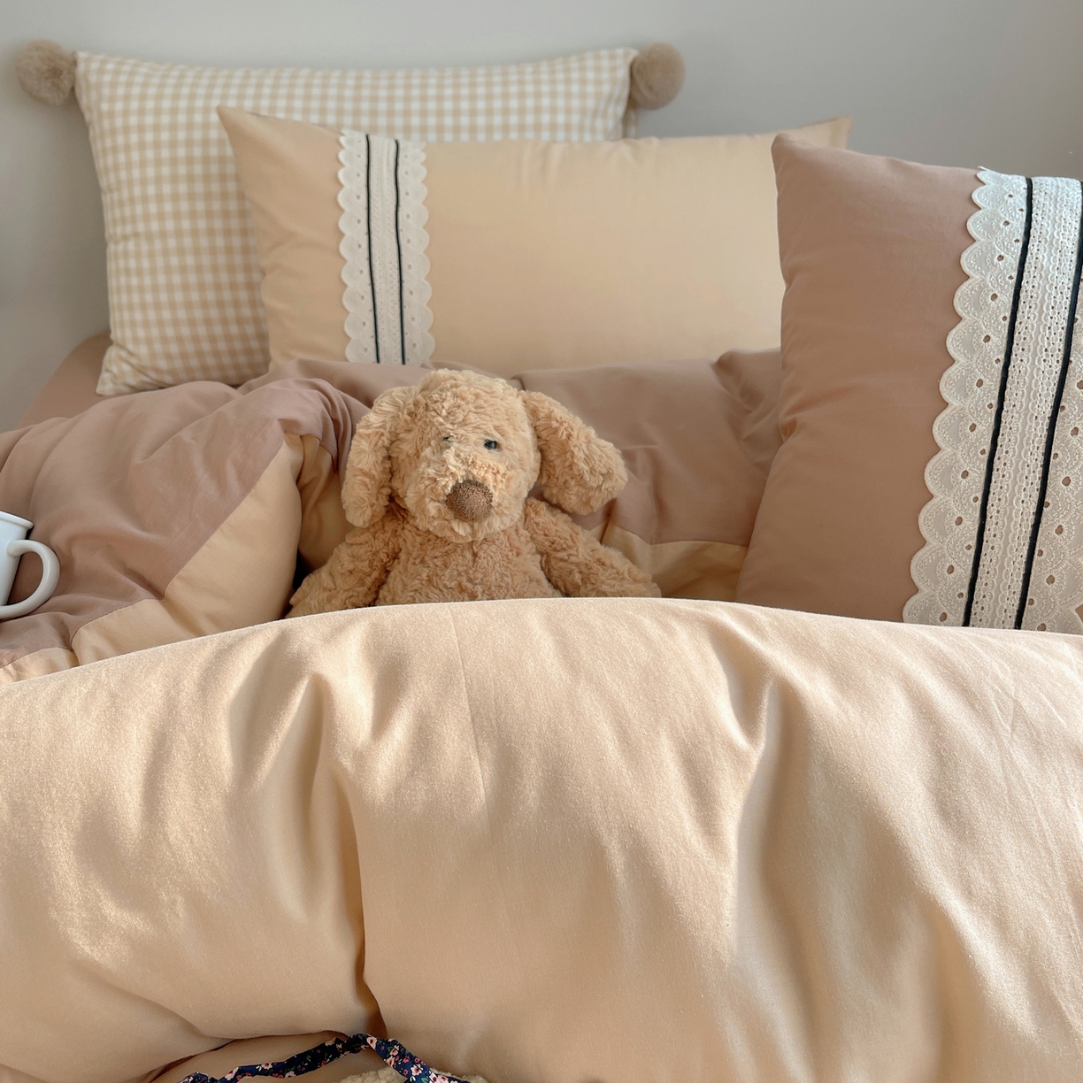 91家纺网 家纺一手货源 找家纺 三朵家纺 2026新款ins风全棉纯棉水洗棉少女系四件套-玛卡龙系列 马卡龙-米咖