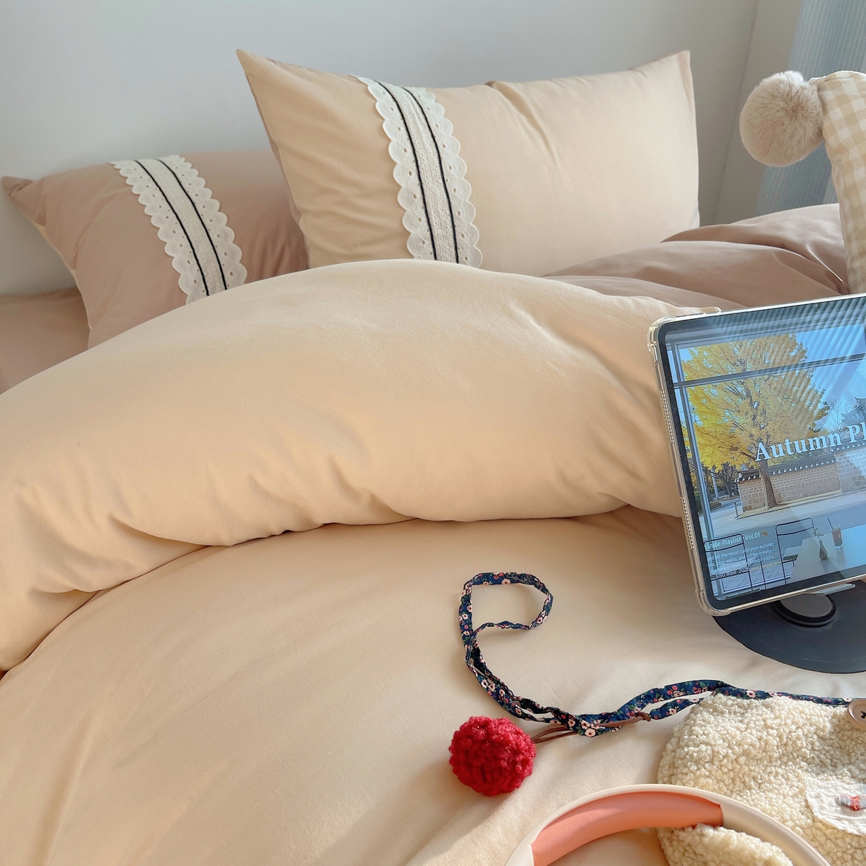 91家纺网 家纺一手货源 找家纺 三朵家纺 2026新款ins风全棉纯棉水洗棉少女系四件套-玛卡龙系列 马卡龙-米咖