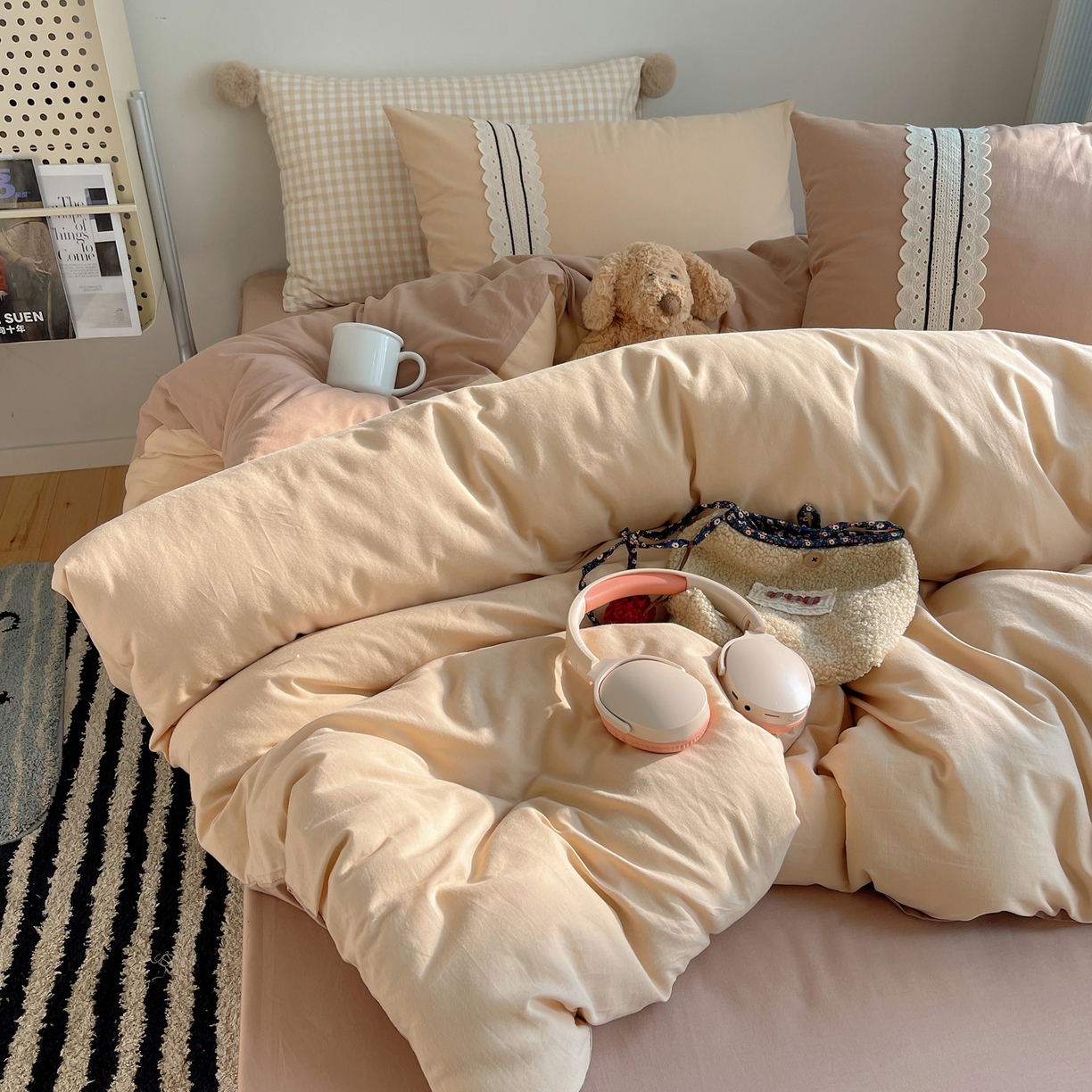 91家纺网 家纺一手货源 找家纺 三朵家纺 2026新款ins风全棉纯棉水洗棉少女系四件套-玛卡龙系列 马卡龙-米咖