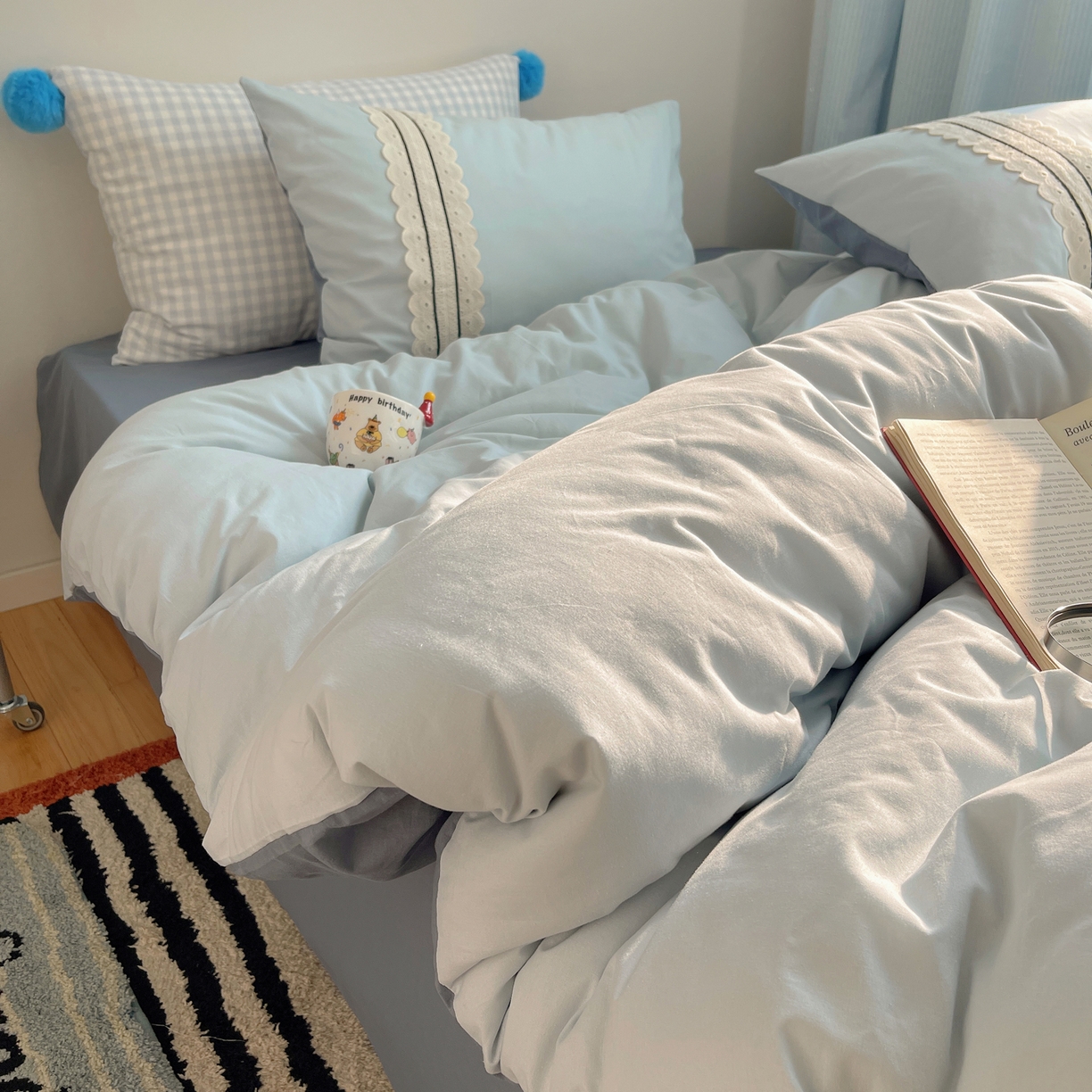 91家纺网 家纺一手货源 找家纺 三朵家纺 2026新款ins风全棉纯棉水洗棉少女系四件套-玛卡龙系列 马卡龙-蔚蓝