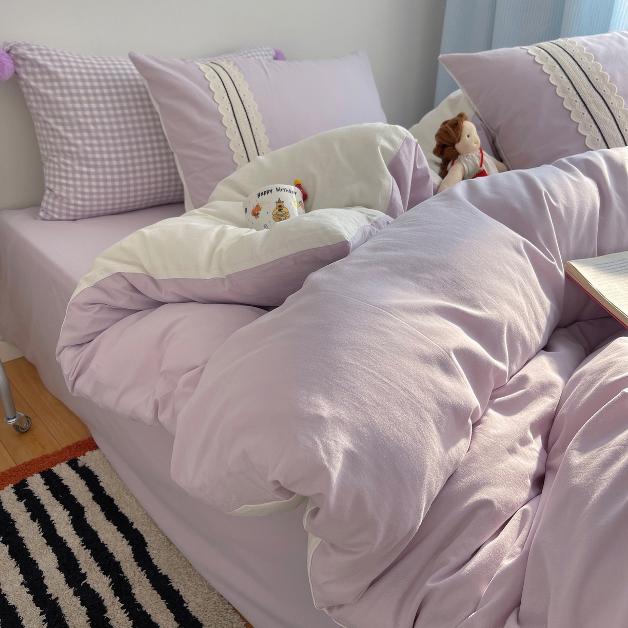 三朵家纺 2026新款ins风全棉纯棉水洗棉少女系四件套-玛卡龙系列 马卡龙-浅紫