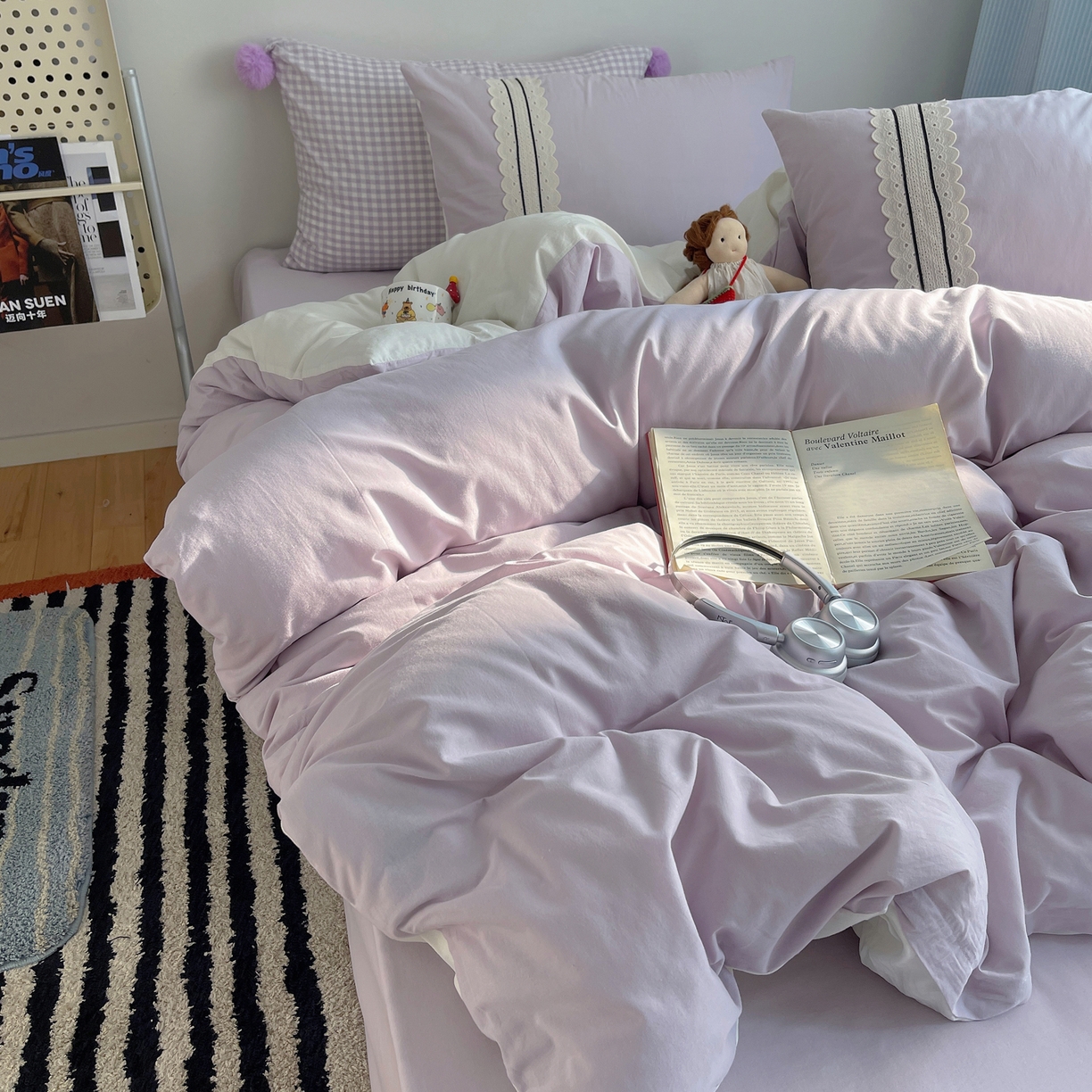 91家纺网 家纺一手货源 找家纺 三朵家纺 2026新款ins风全棉纯棉水洗棉少女系四件套-玛卡龙系列 马卡龙-浅紫